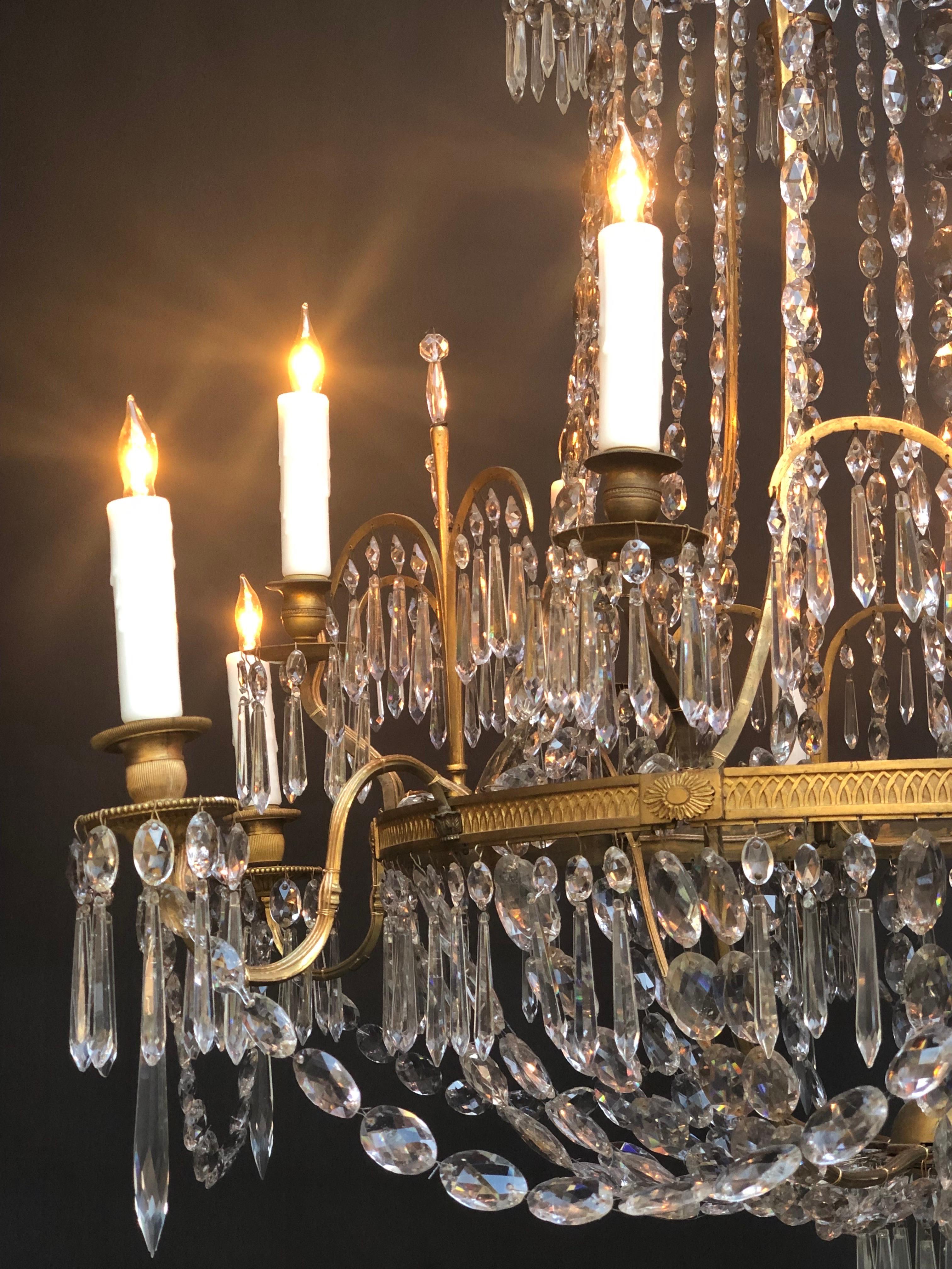 English Regency Brass And Crystal Twelve Candle Chandelier 1