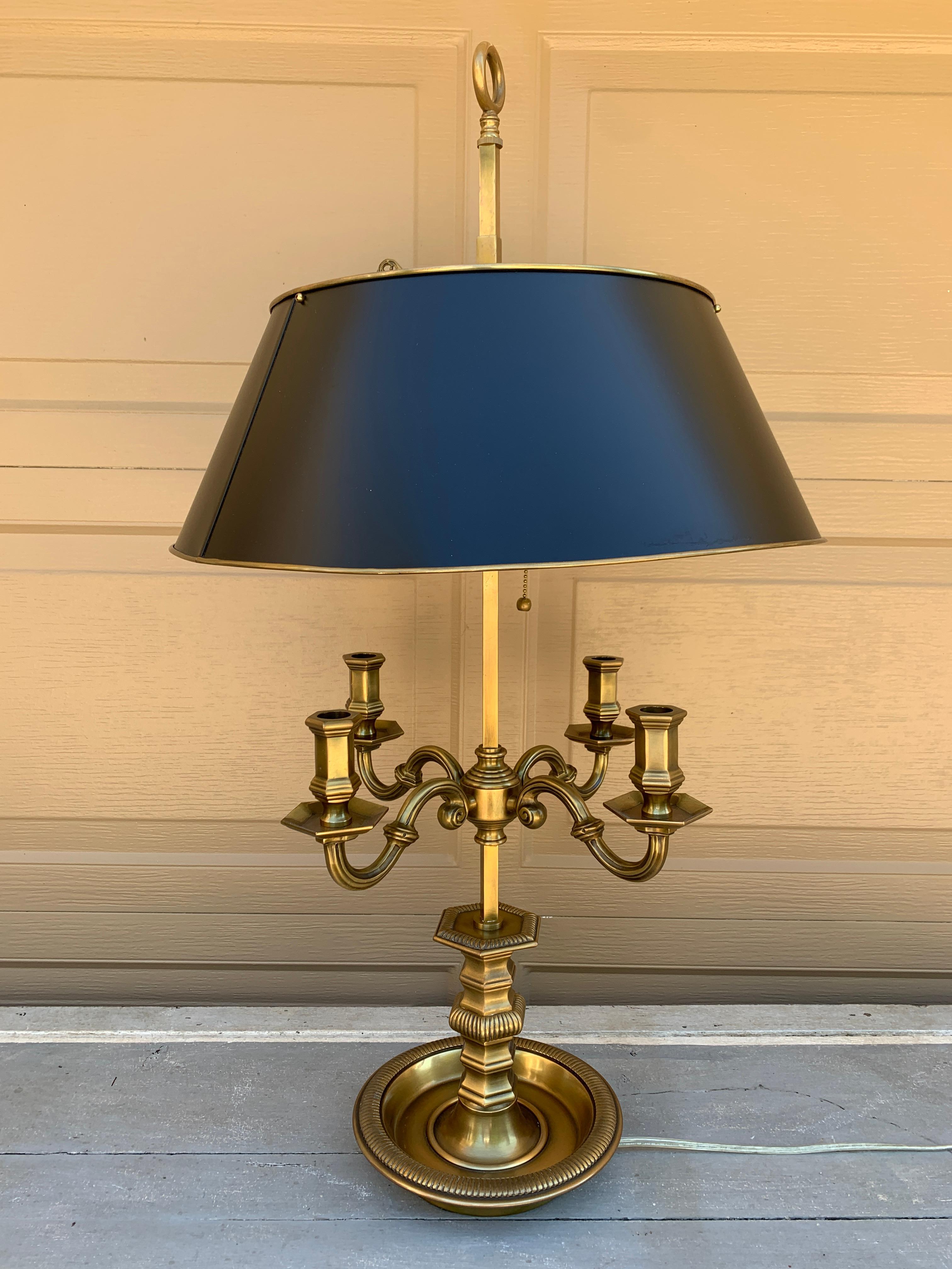 English Regency Brass Bouillotte Lamp With Black Tole Shade by Visual Comfort For Sale 4