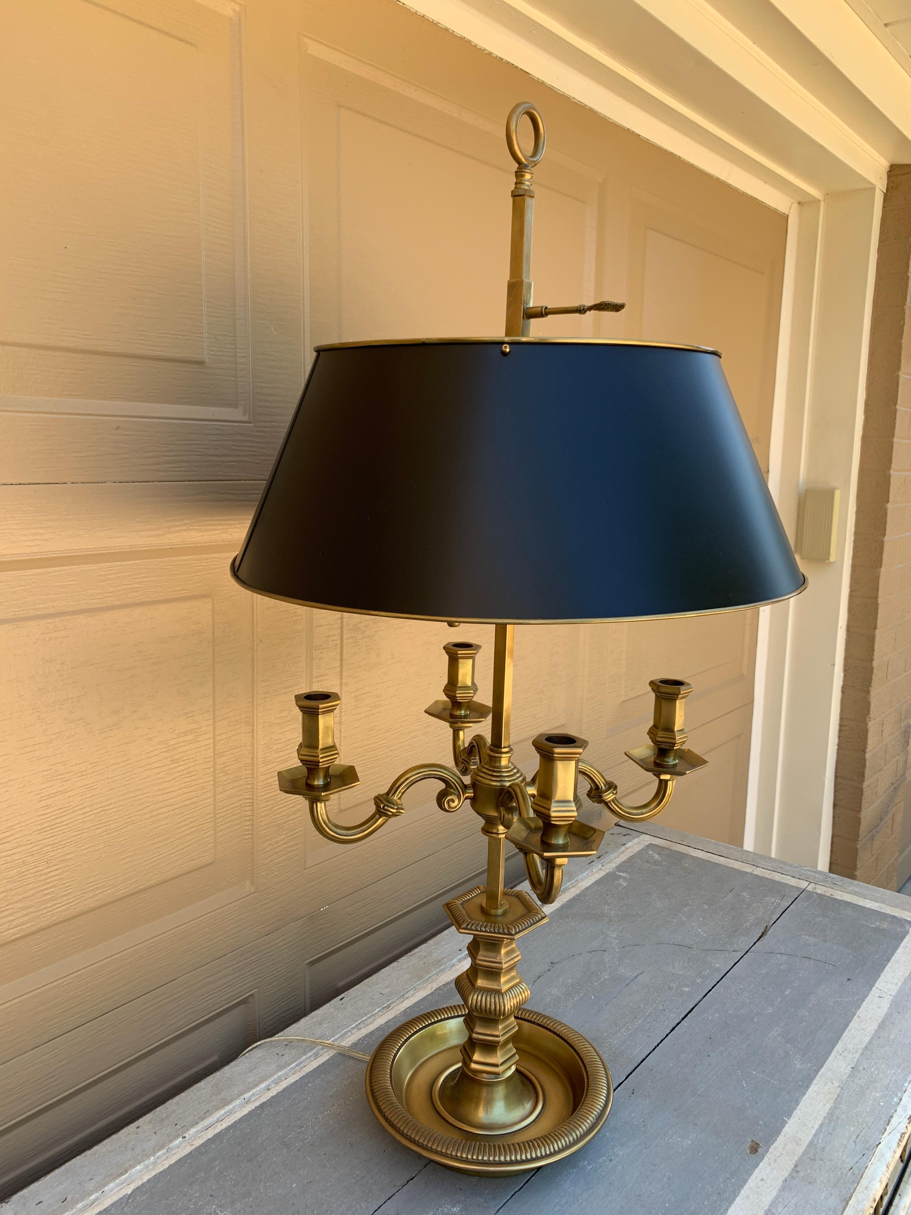 English Regency Brass Bouillotte Lamp With Black Tole Shade by Visual Comfort In Good Condition For Sale In Elkhart, IN
