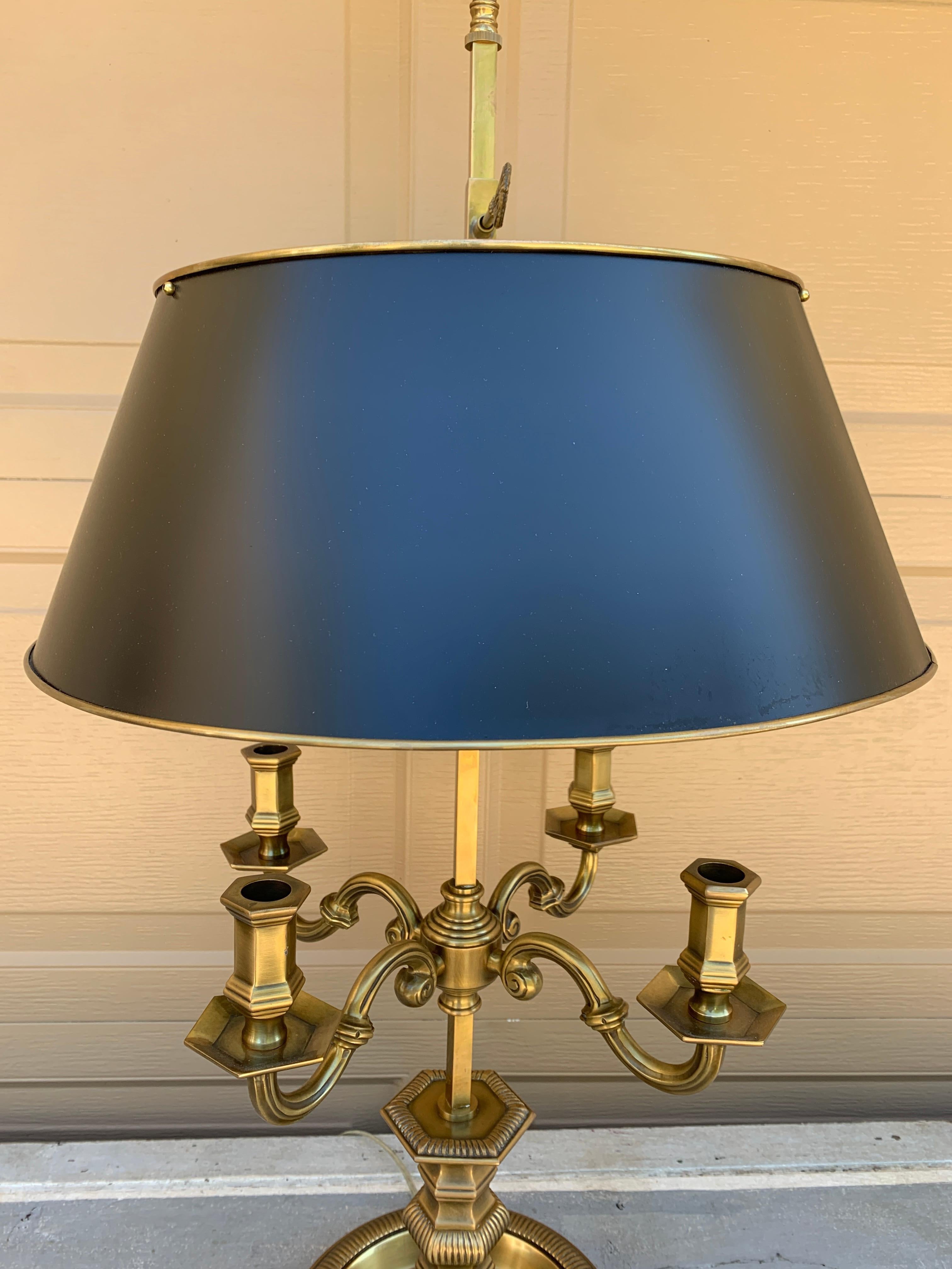 Metal English Regency Brass Bouillotte Lamp With Black Tole Shade by Visual Comfort For Sale