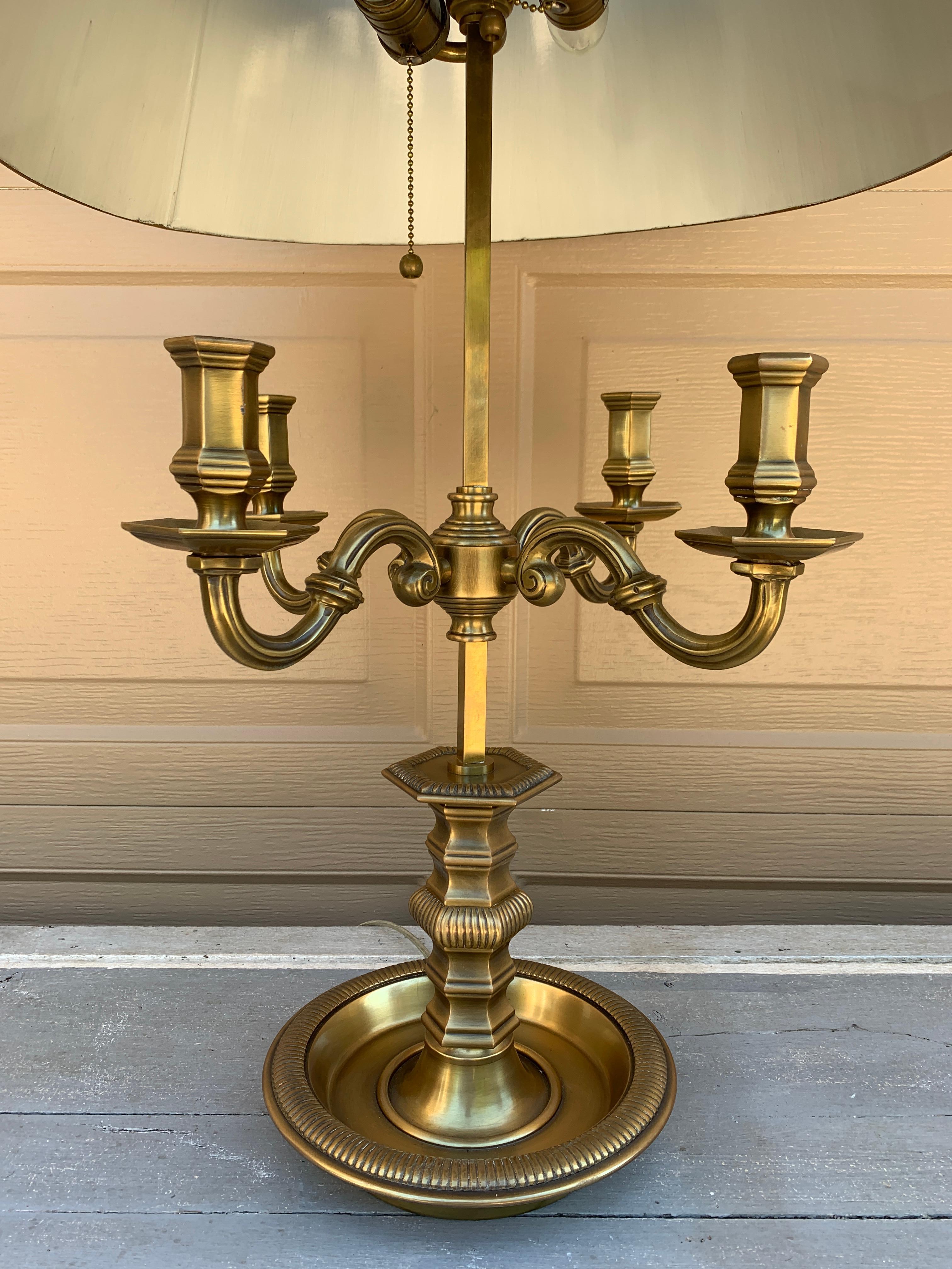 English Regency Brass Bouillotte Lamp With Black Tole Shade by Visual Comfort For Sale 1