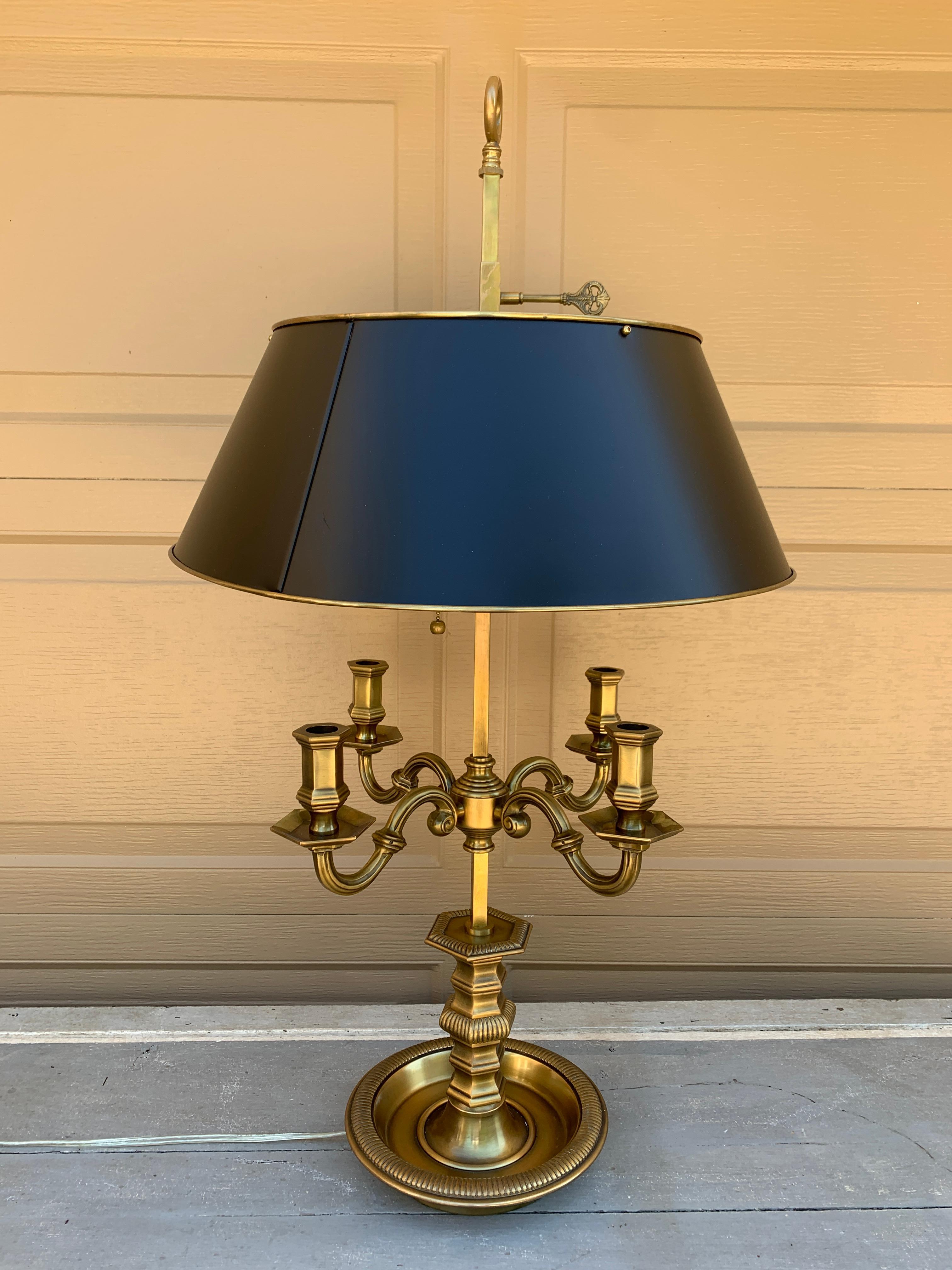 English Regency Brass Bouillotte Lamp With Black Tole Shade by Visual Comfort For Sale 2