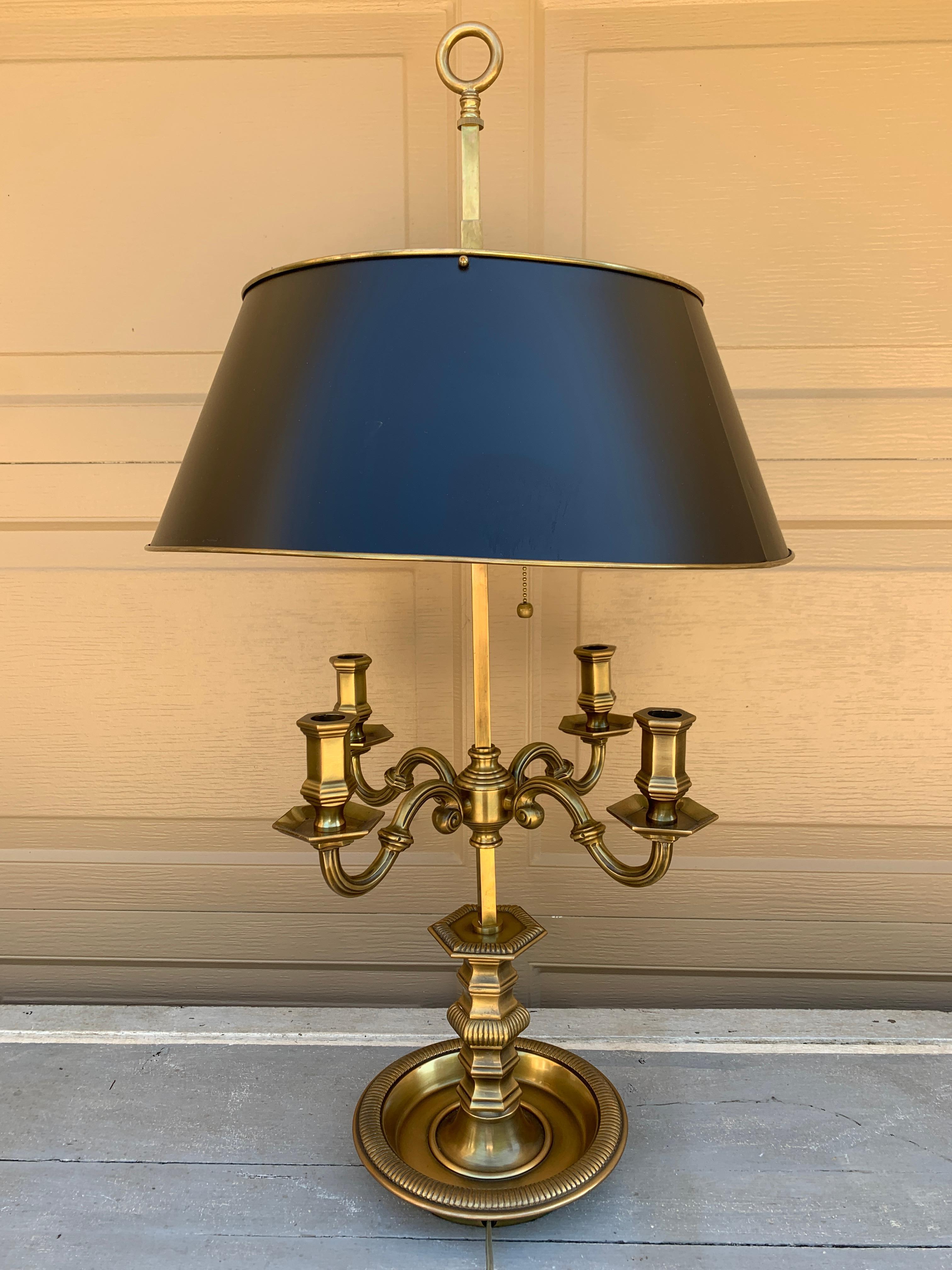 English Regency Brass Bouillotte Lamp With Black Tole Shade by Visual Comfort For Sale 3