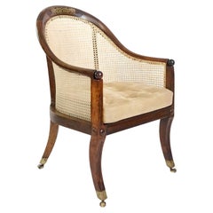 English Regency Brass Inlaid Mahogany and Cane Armchair or Bergère, circa 1820