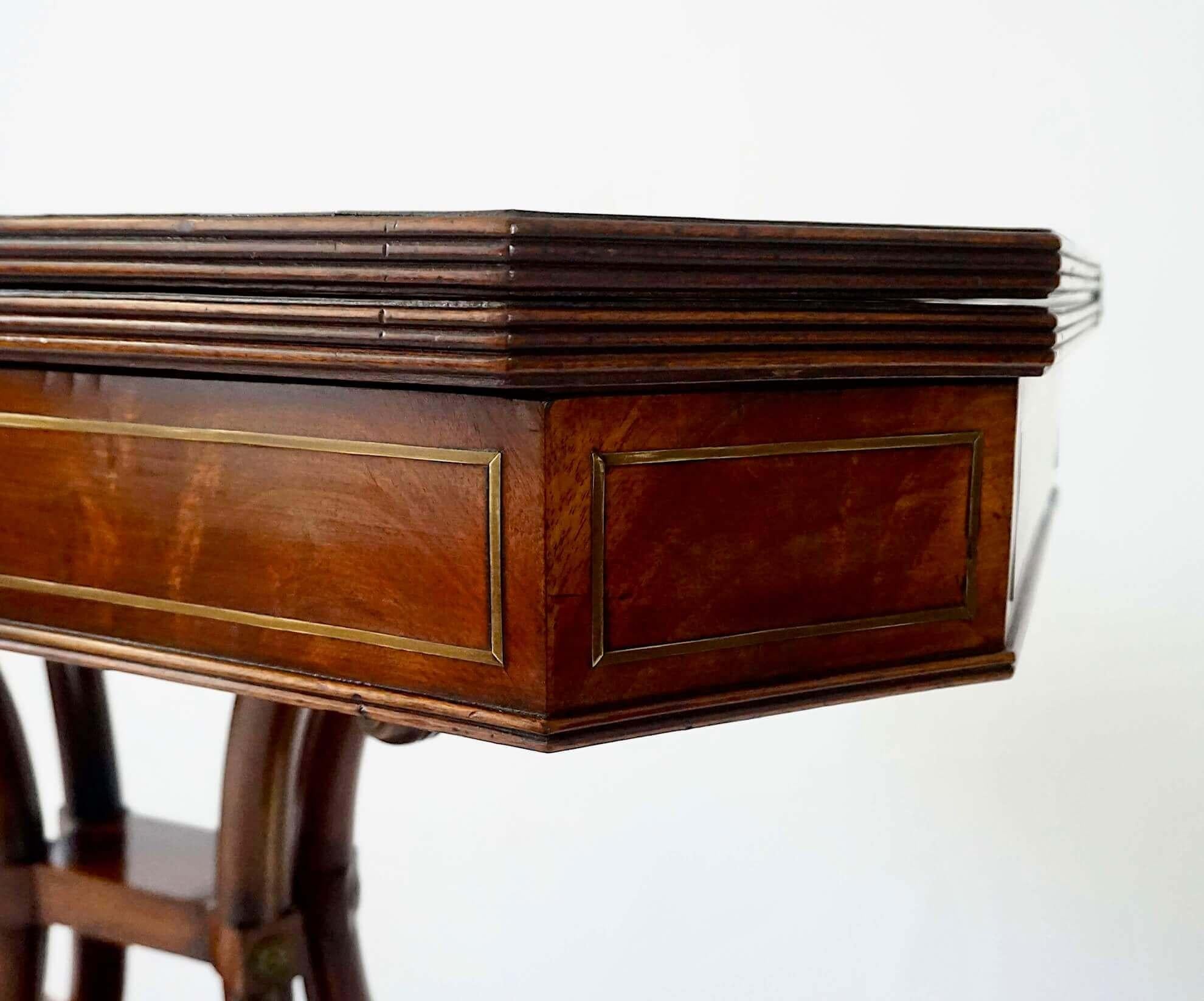 English Regency Brass Inlaid Mahogany Fold Over Top Console Table, circa 1815 For Sale 7