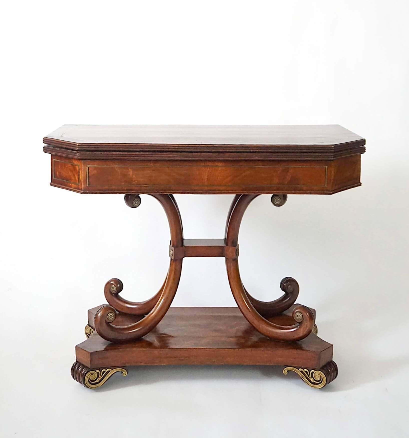 Hand-Carved English Regency Brass Inlaid Mahogany Fold Over Top Console Table, circa 1815 For Sale