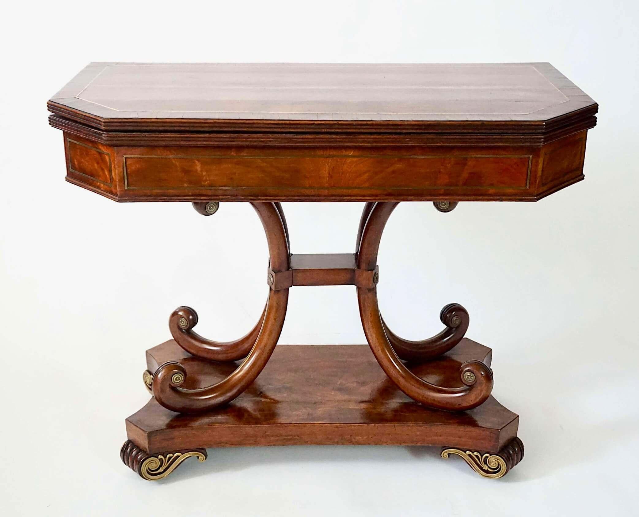 English Regency Brass Inlaid Mahogany Fold Over Top Console Table, circa 1815 In Good Condition For Sale In Kinderhook, NY