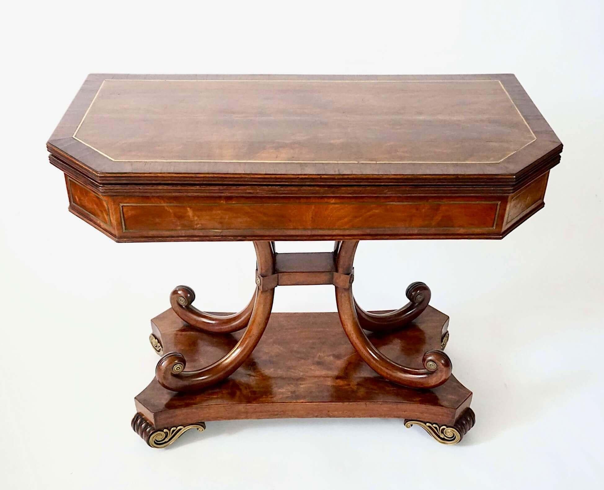19th Century English Regency Brass Inlaid Mahogany Fold Over Top Console Table, circa 1815 For Sale