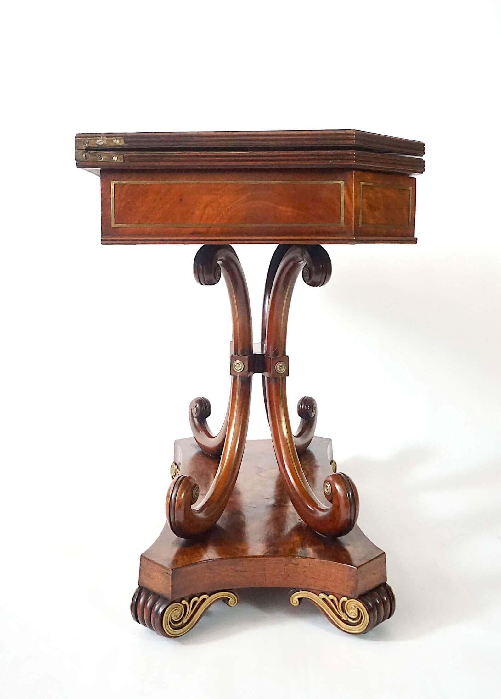 English Regency Brass Inlaid Mahogany Fold Over Top Console Table, circa 1815 For Sale 2