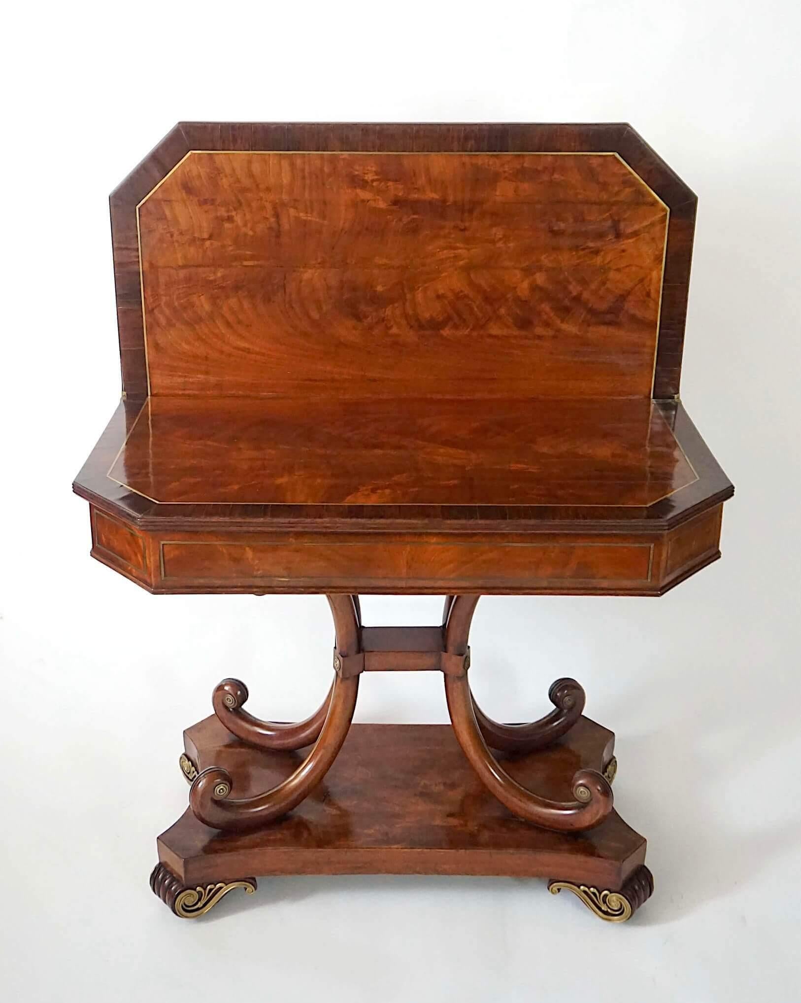 English Regency Brass Inlaid Mahogany Fold Over Top Console Table, circa 1815 For Sale 4