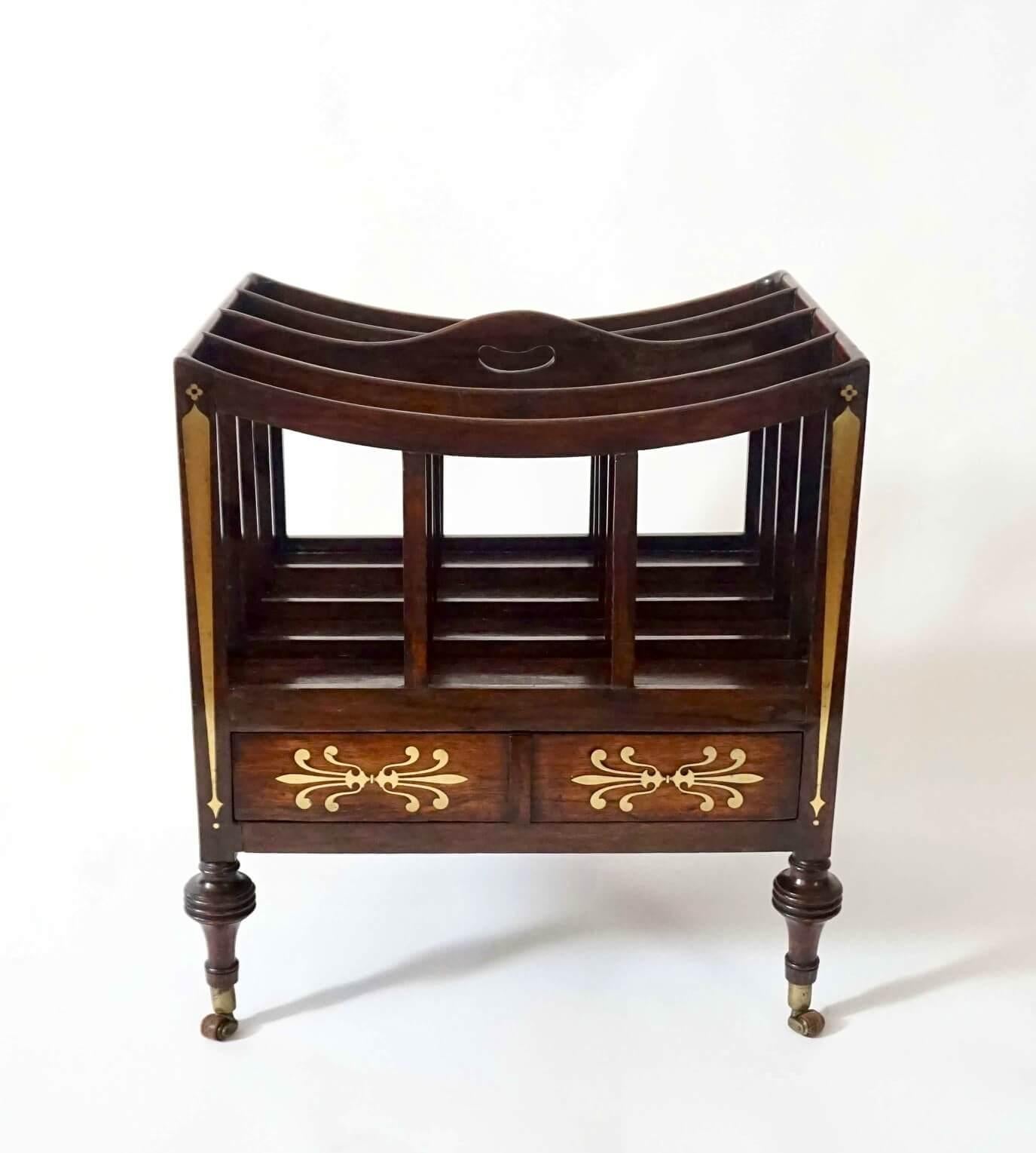 Hand-Carved English Regency Brass Inlaid Rosewood Canterbury Attributed to George Oakley