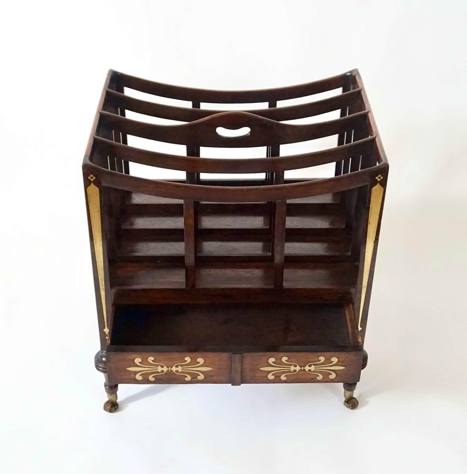 19th Century English Regency Brass Inlaid Rosewood Canterbury Attributed to George Oakley
