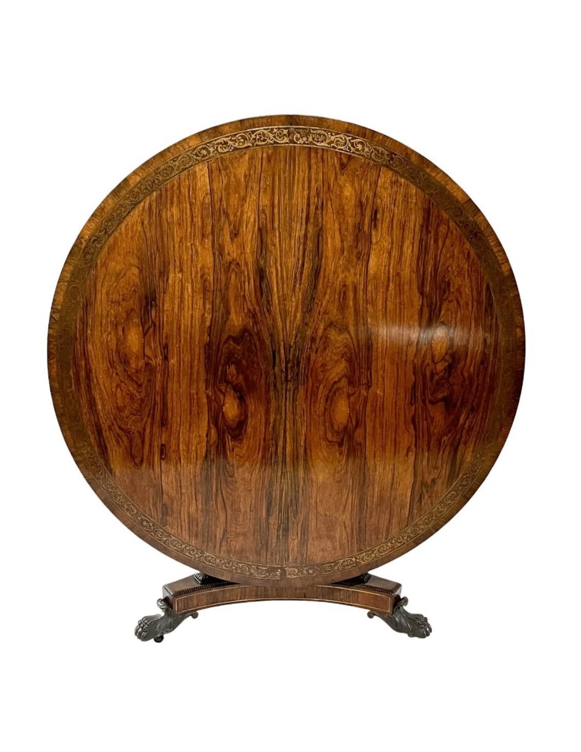 Hand-Carved English Regency Brass Inlaid Rosewood Tilt-Top Center Table, circa 1820 For Sale