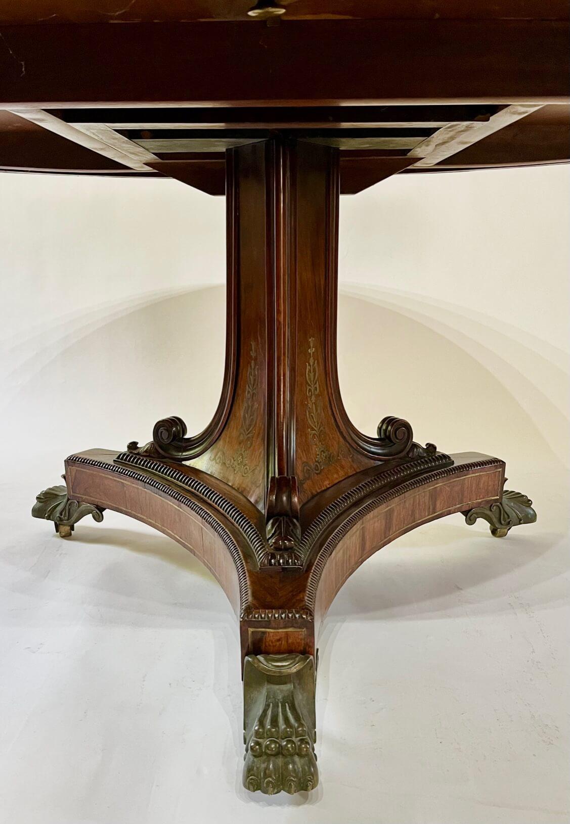 19th Century English Regency Brass Inlaid Rosewood Tilt-Top Center Table, circa 1820 For Sale
