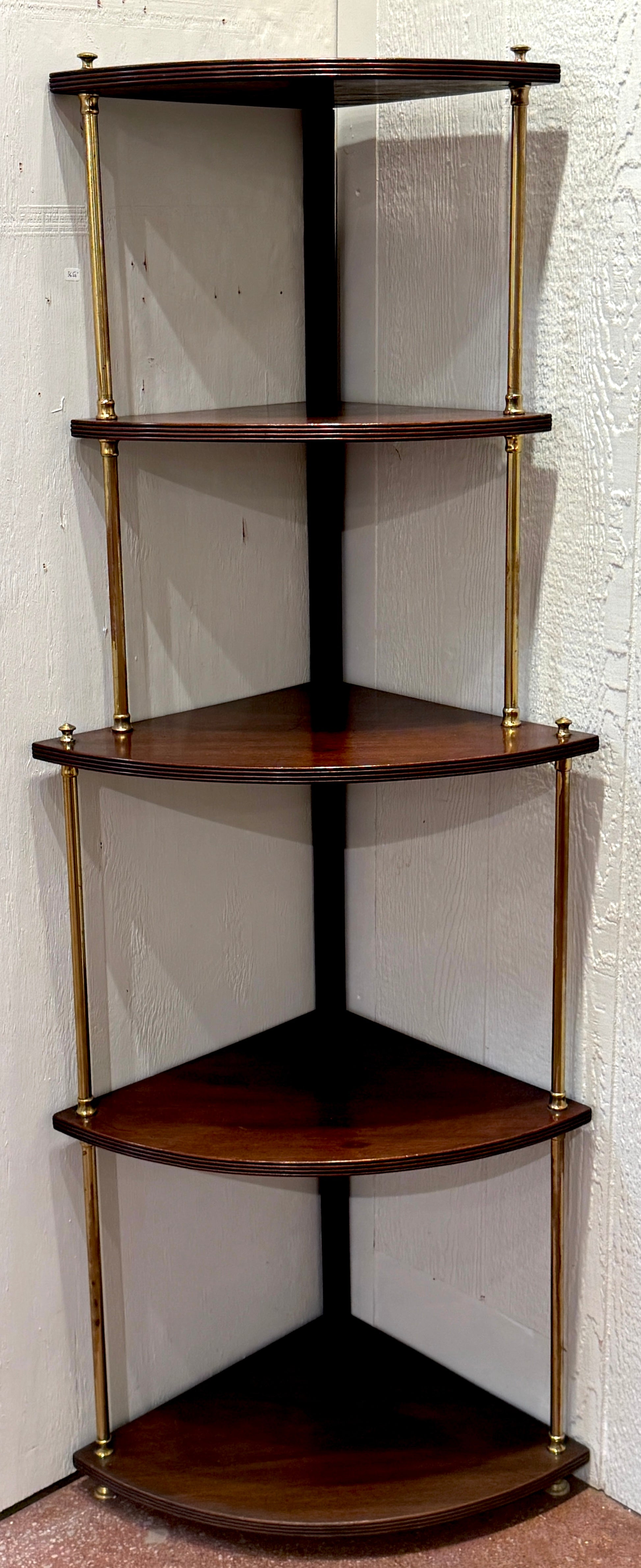 Carved English Regency Brass Mounted Mahogany 5-Tier Corner Shelf, Attributed Gillows For Sale