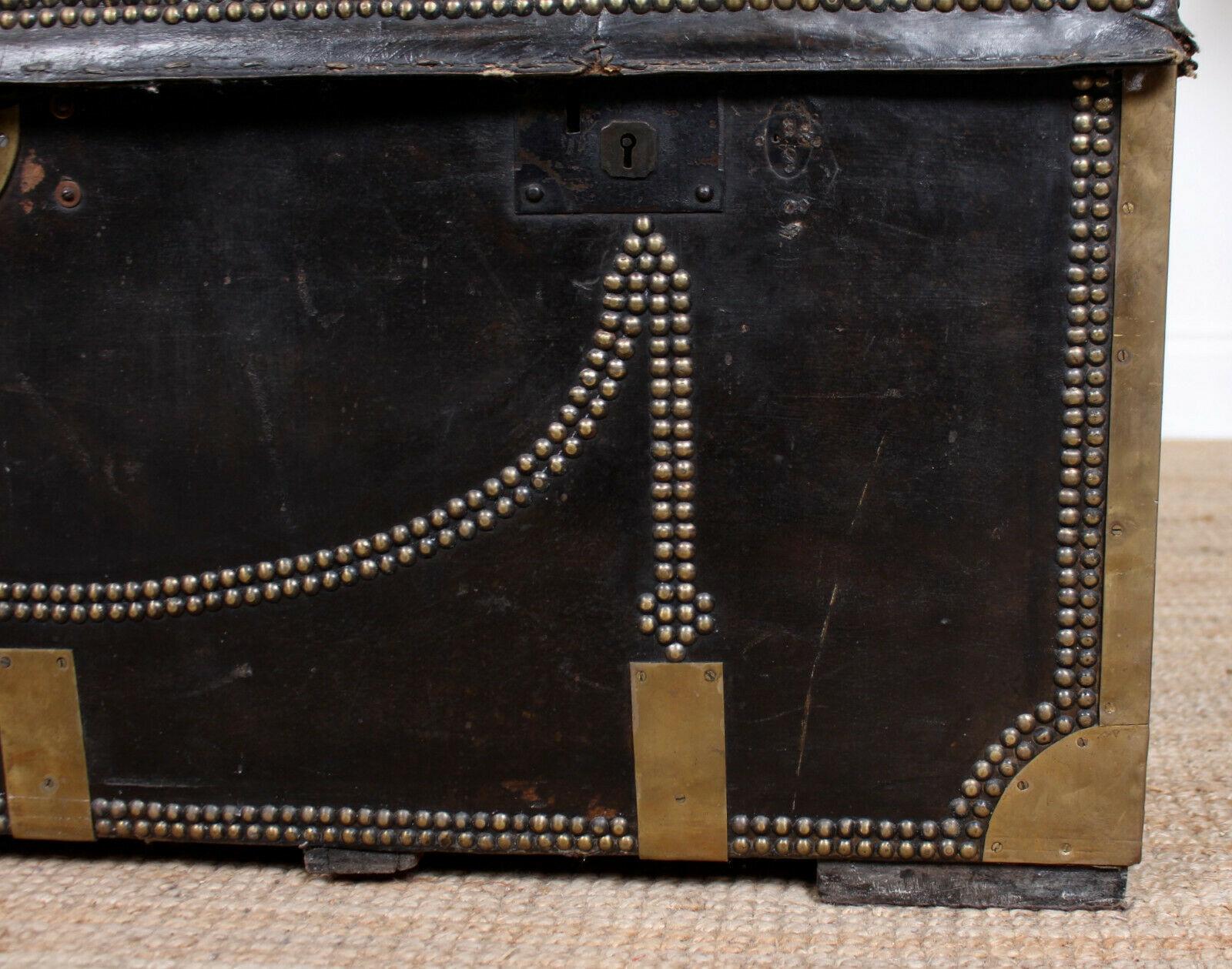 English Regency Brass Studded Leather Chest Ebonized Camphor Military 5