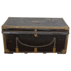 English Regency Brass Studded Leather Chest Ebonized Camphor Military