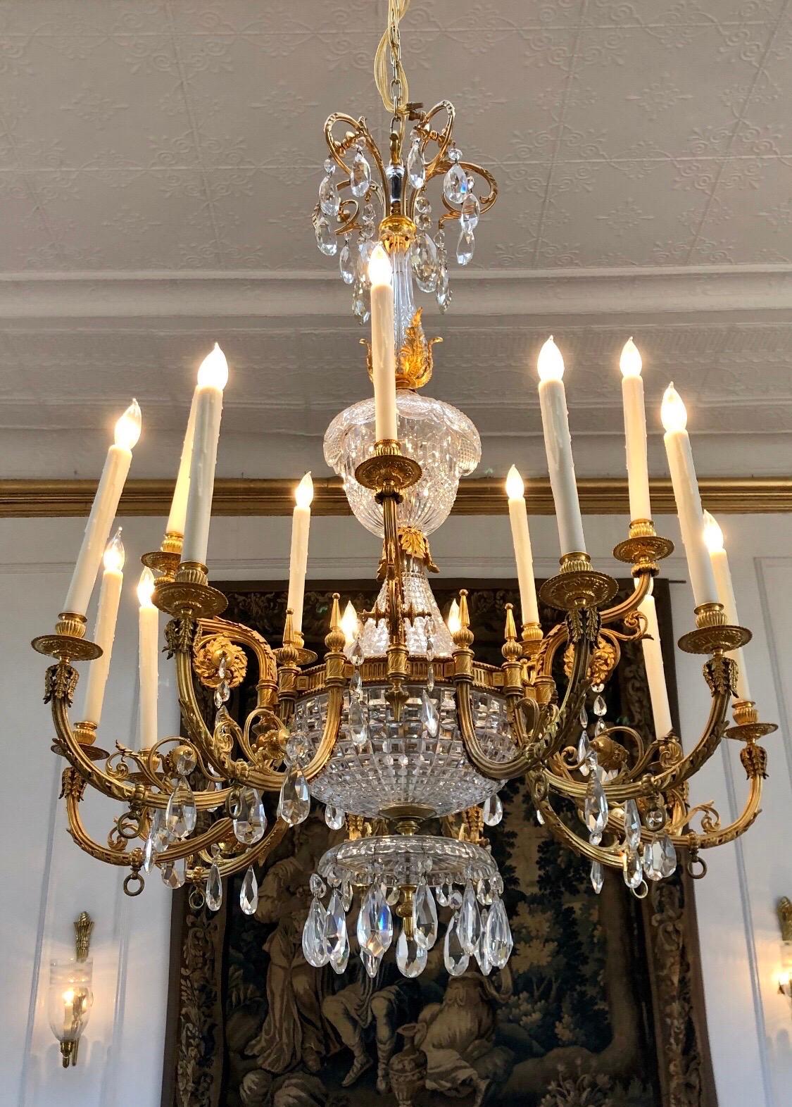 English Regency Bronze Doré  & Crystal Gasolier / Chandelier, 19th Century In Good Condition For Sale In Charleston, SC