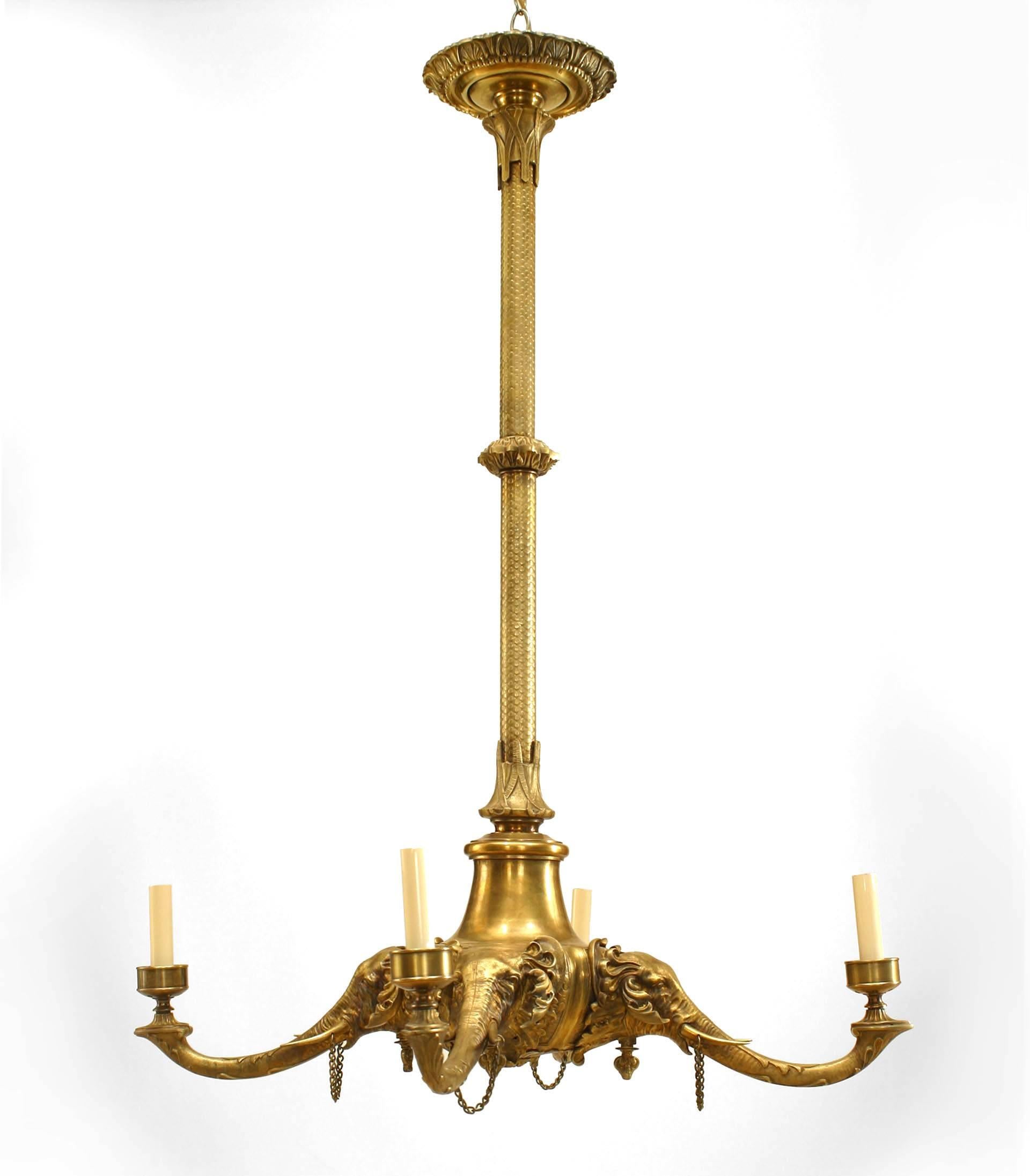 English Regency-Style (Circa 1840) bronze 4 arm chandelier with elephant heads (originally gas, now fitted for electricity)
