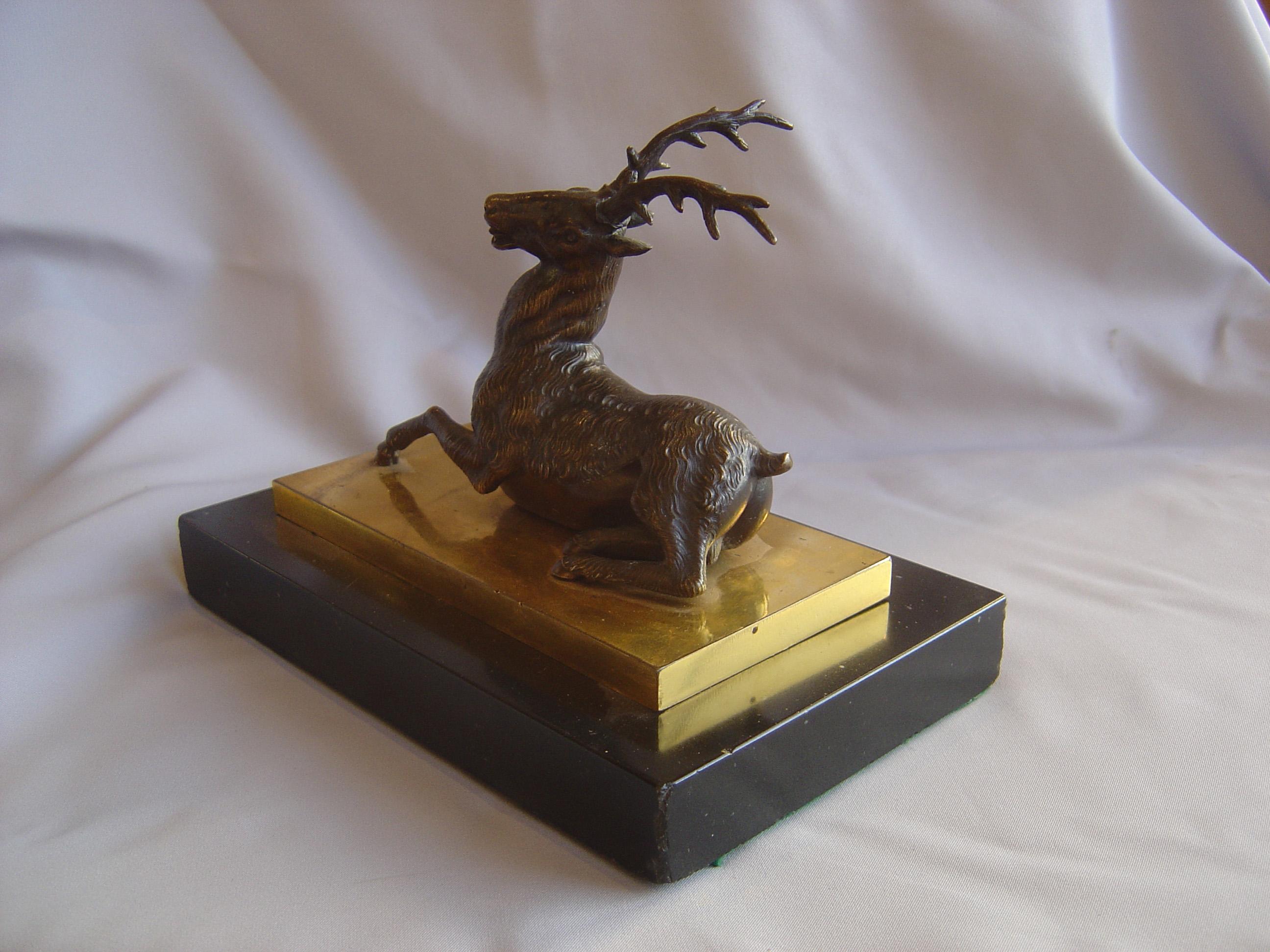 Patinated English Regency Bronze Stag on Ormolu & Marble Base For Sale