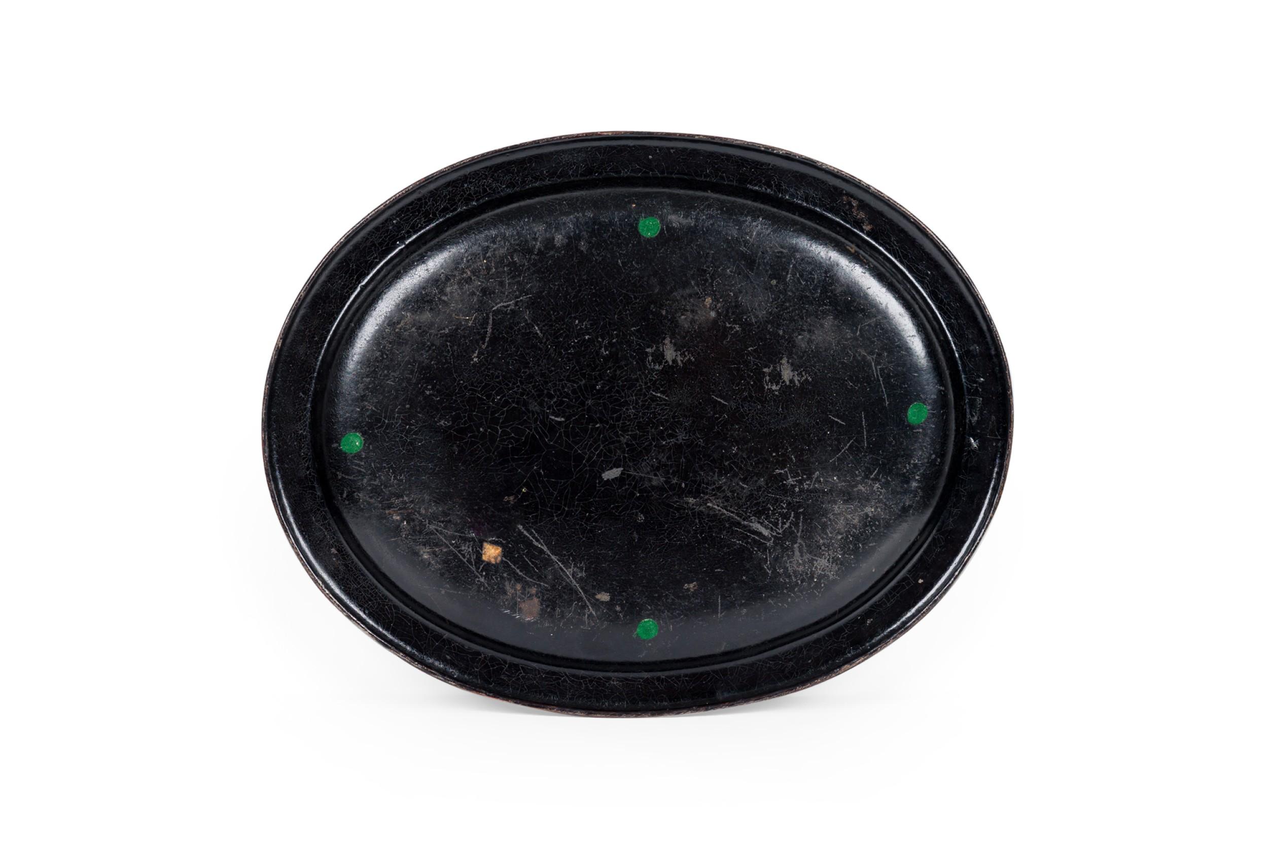 English Regency-style oval brown lacquered tray with heron and floral design
