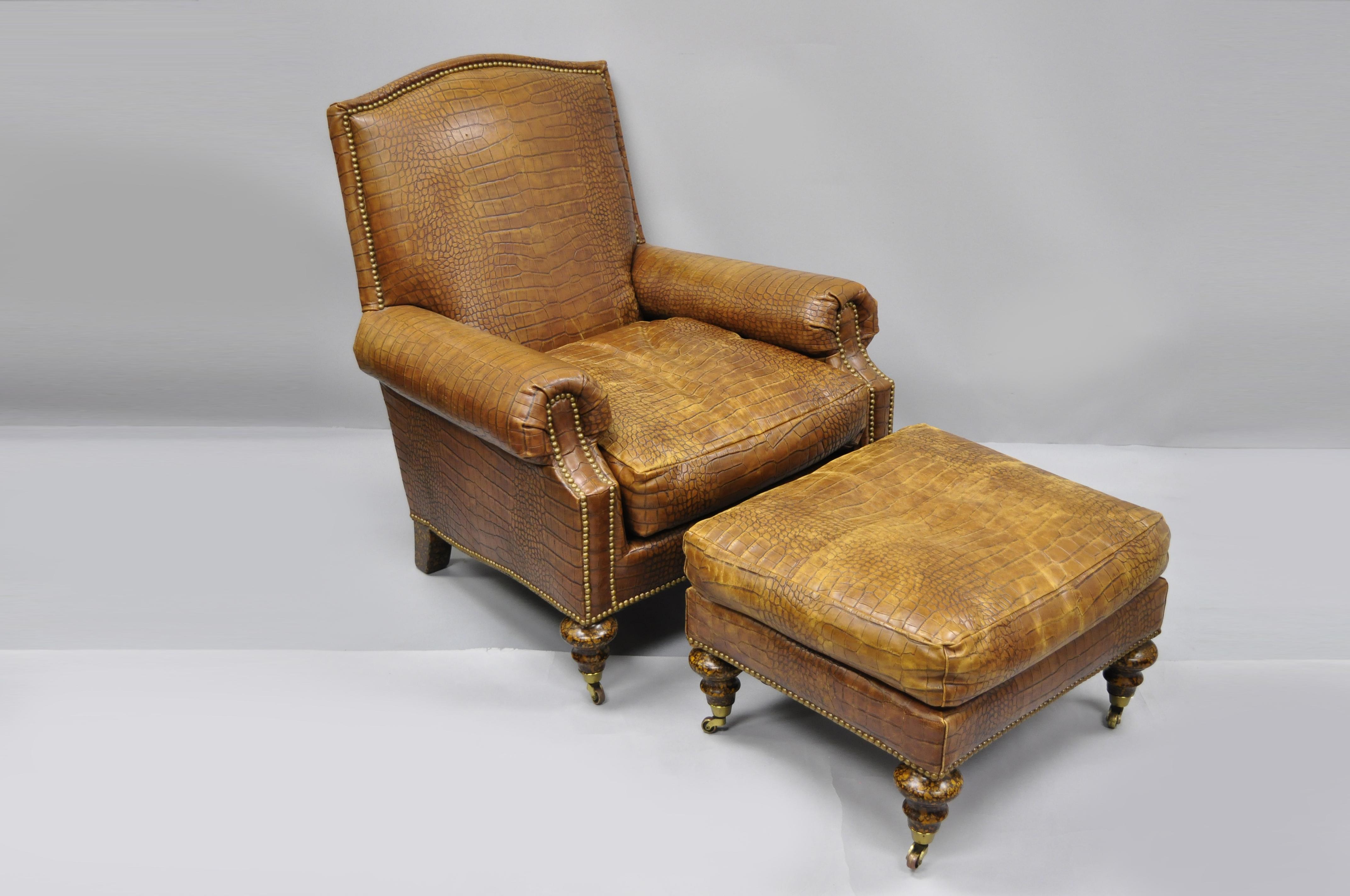English Regency Brown Leather Gator Embossed Lounge Chair & Ottoman by Pearson 2