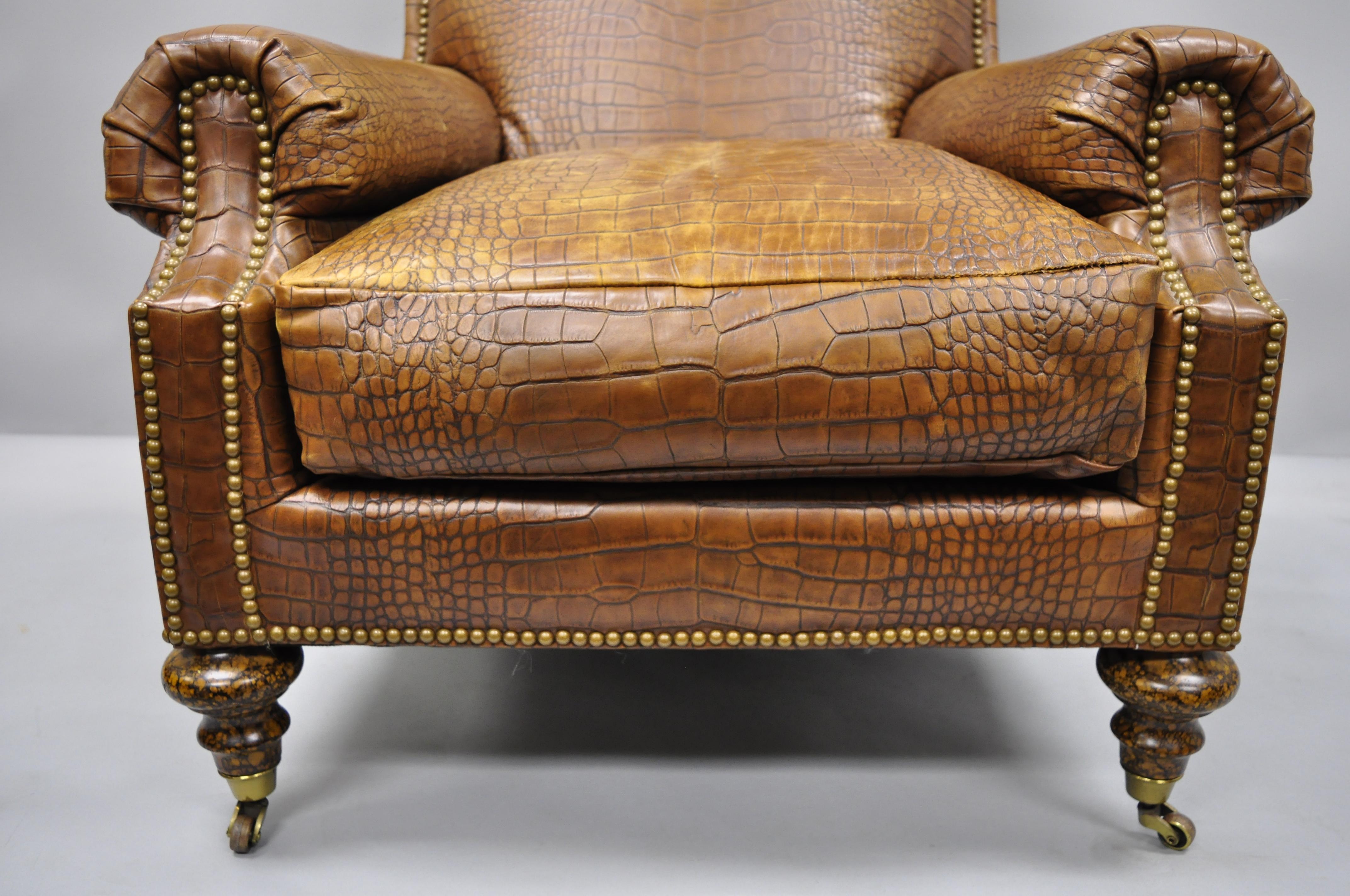 English Regency Brown Leather Gator Embossed Lounge Chair & Ottoman by Pearson 3