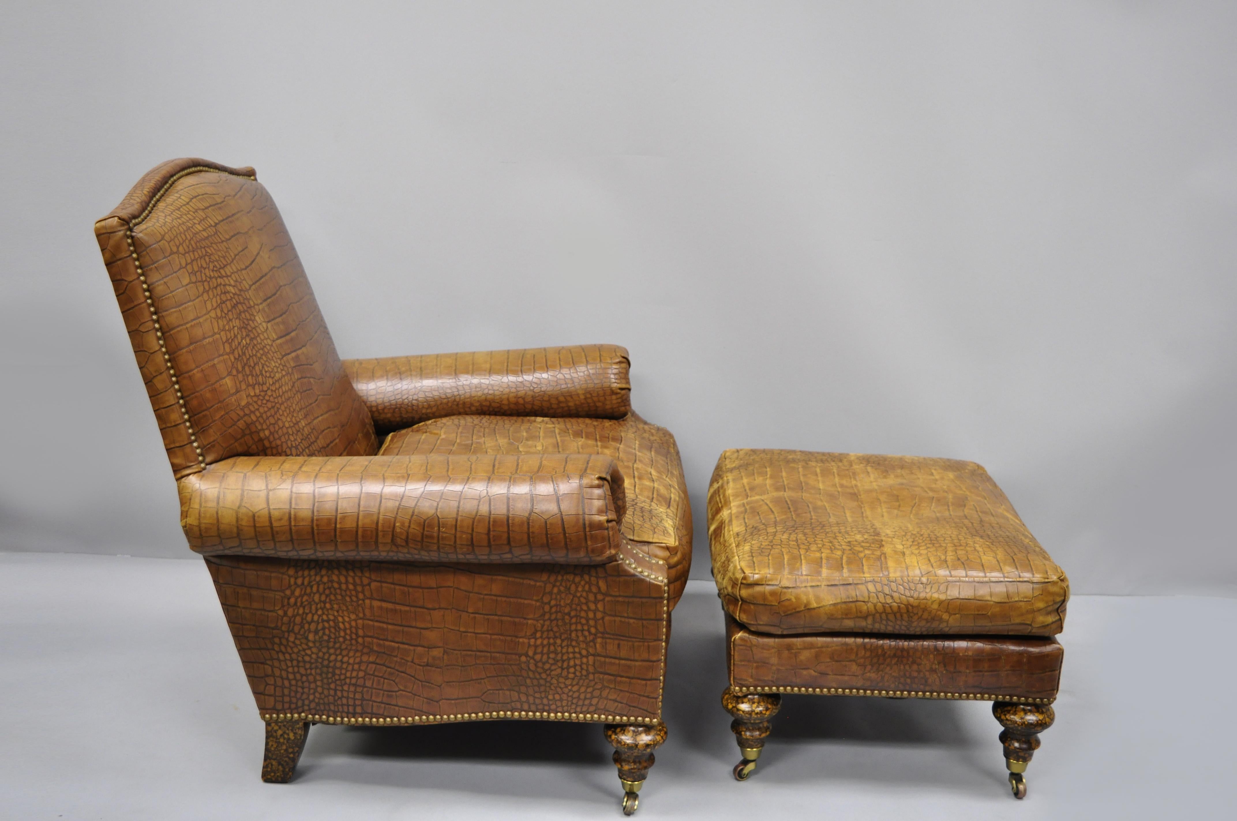 English Regency brown leather Gator Print Embossed lounge chair & ottoman by Pearson. Item features lounge chair and matching ottoman, faux gator print embossed brown leather upholstery, faux tortoiseshell finish to legs, brass rolling casters,
