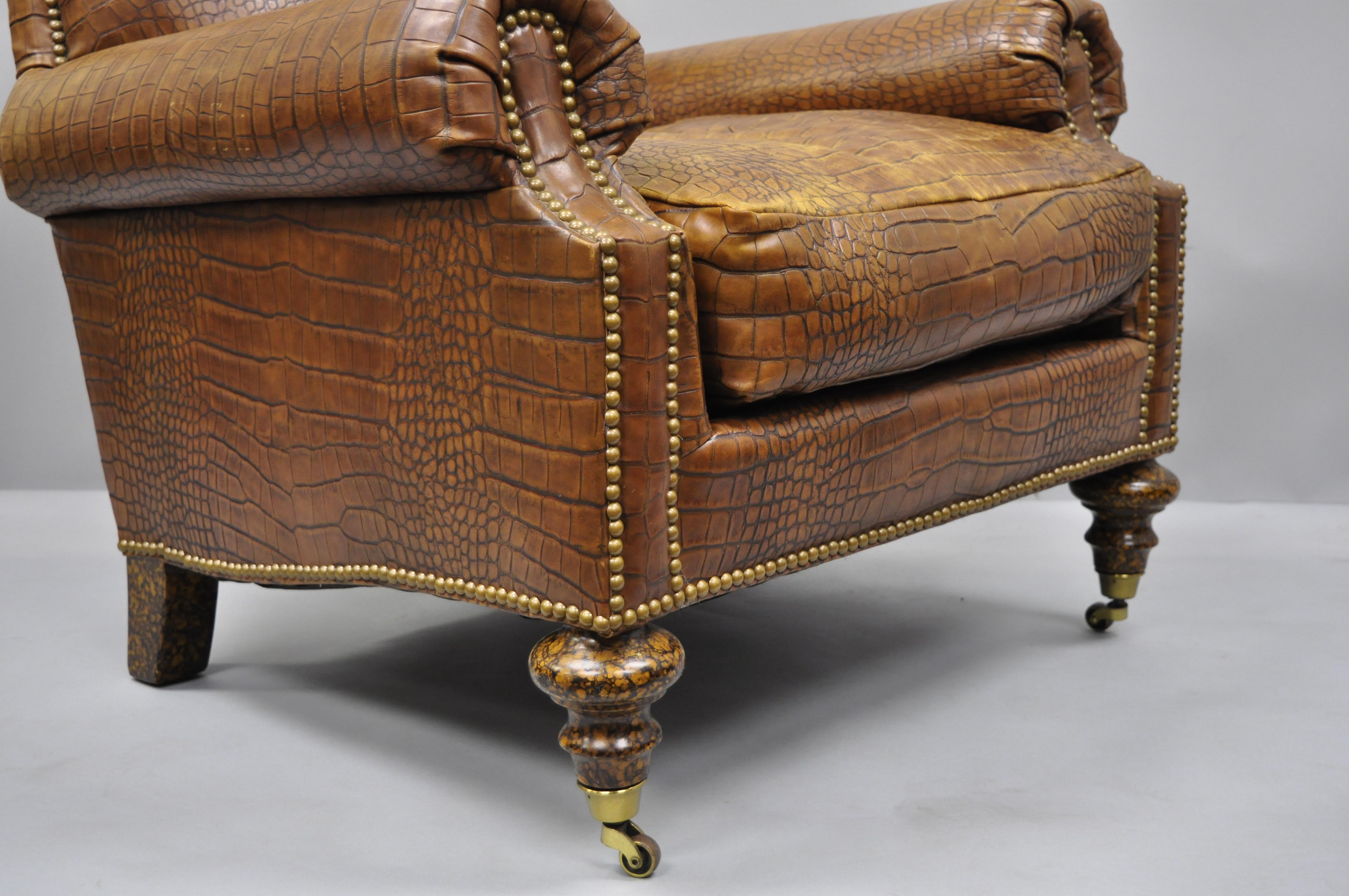 American English Regency Brown Leather Gator Embossed Lounge Chair & Ottoman by Pearson