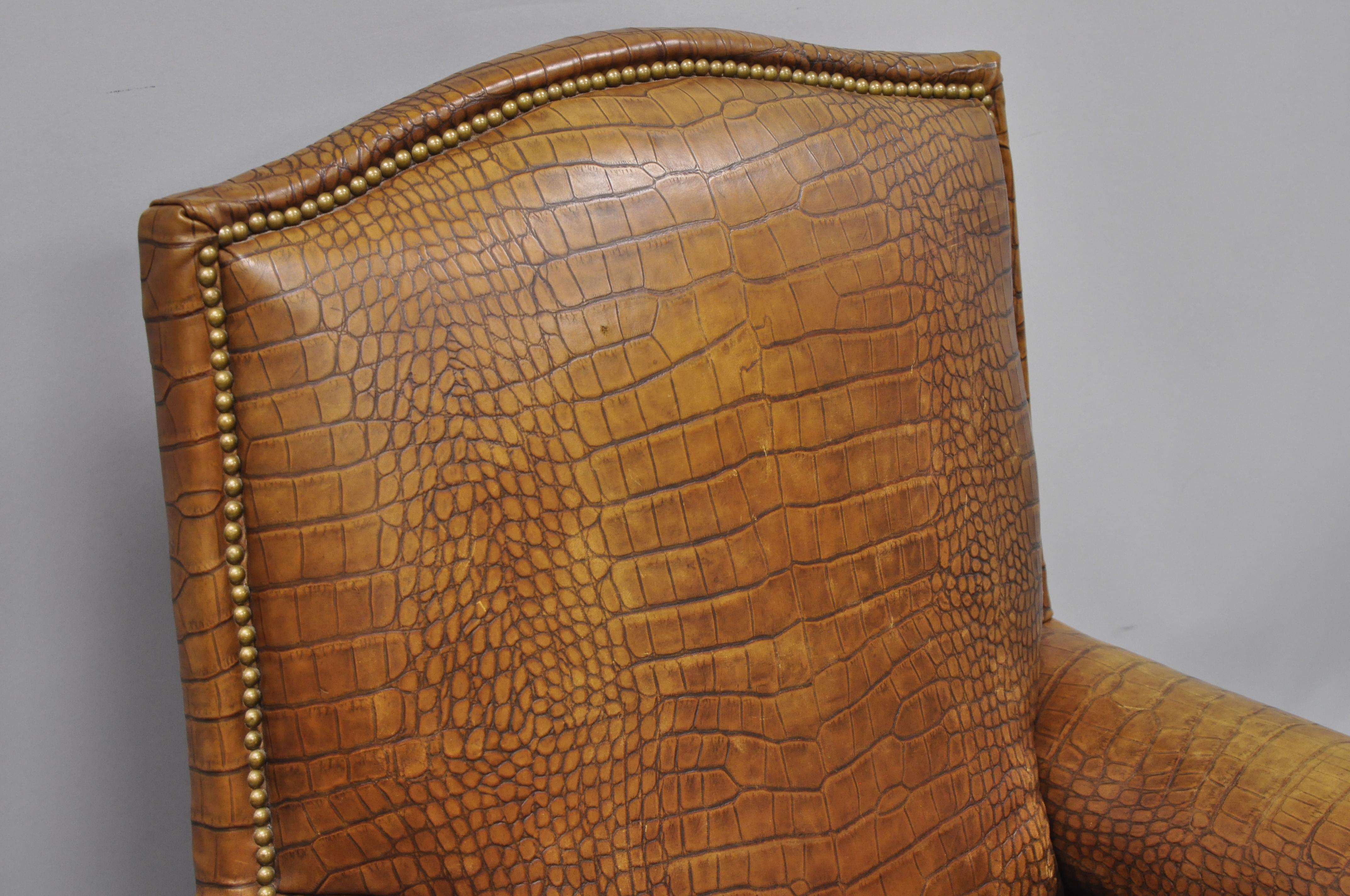 English Regency Brown Leather Gator Embossed Lounge Chair & Ottoman by Pearson In Good Condition In Philadelphia, PA
