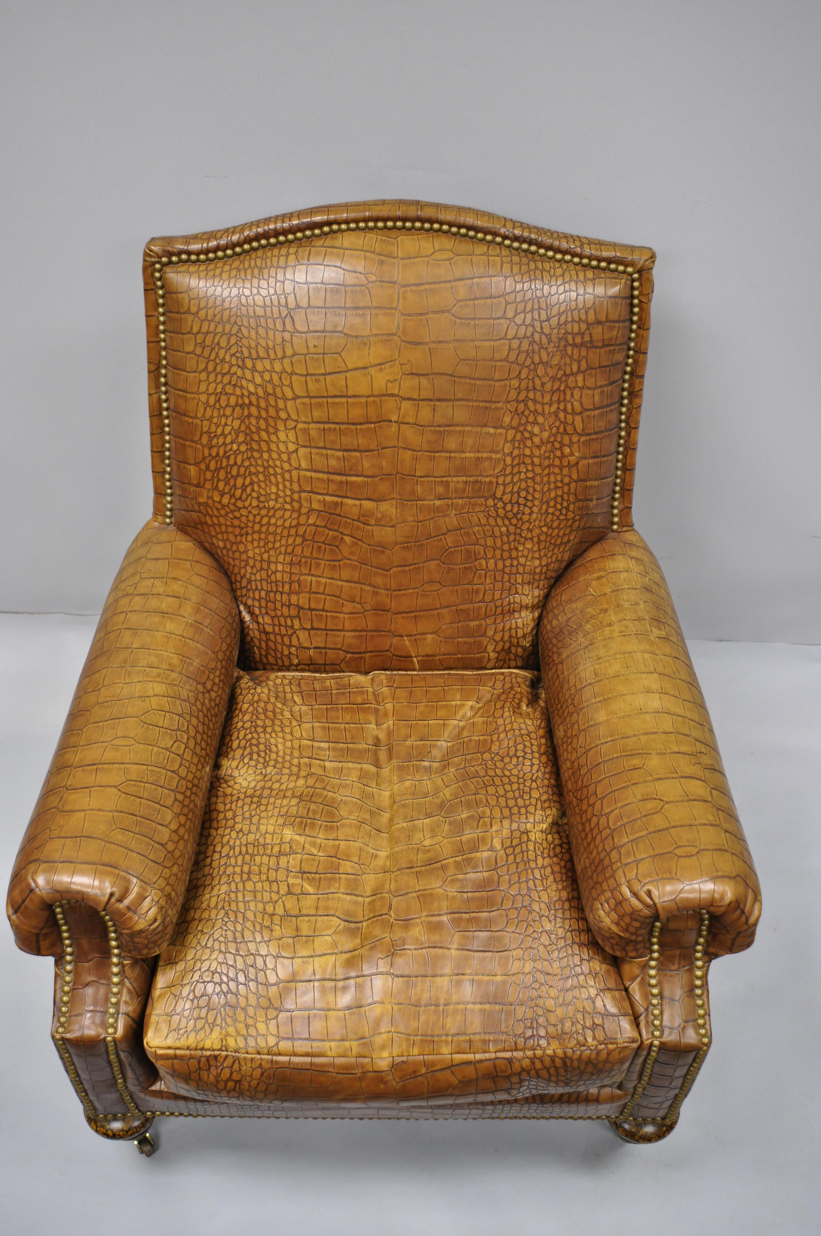 Contemporary English Regency Brown Leather Gator Embossed Lounge Chair & Ottoman by Pearson