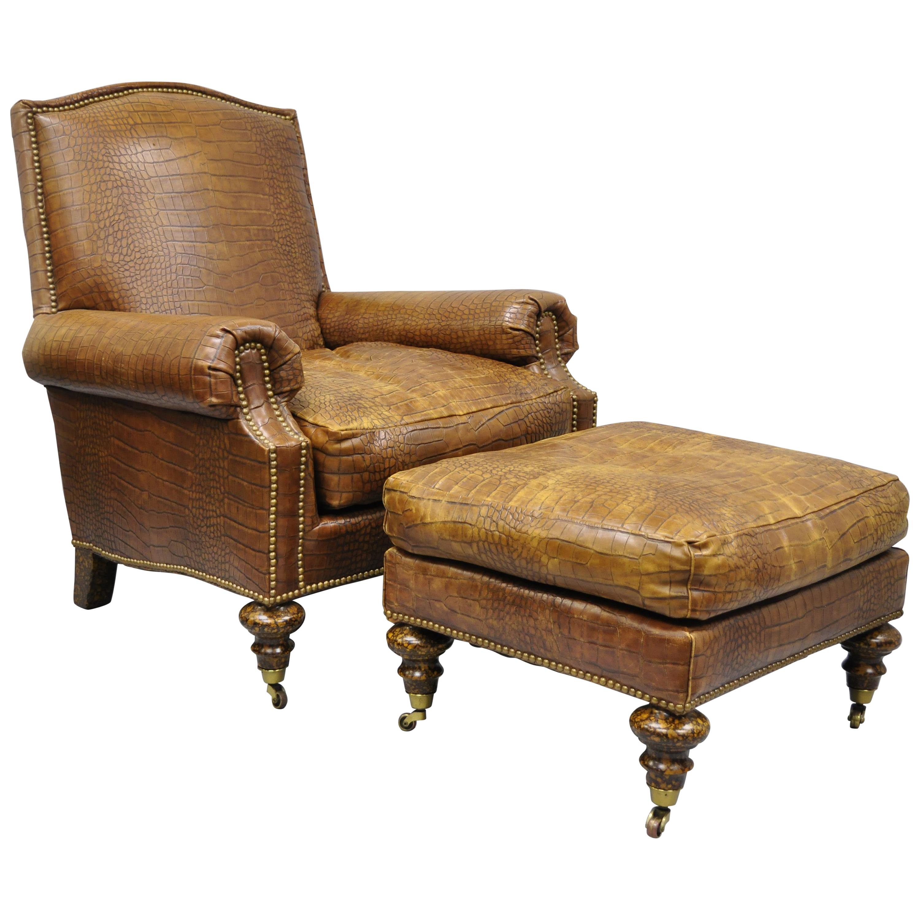 English Regency Brown Leather Gator Embossed Lounge Chair & Ottoman by Pearson