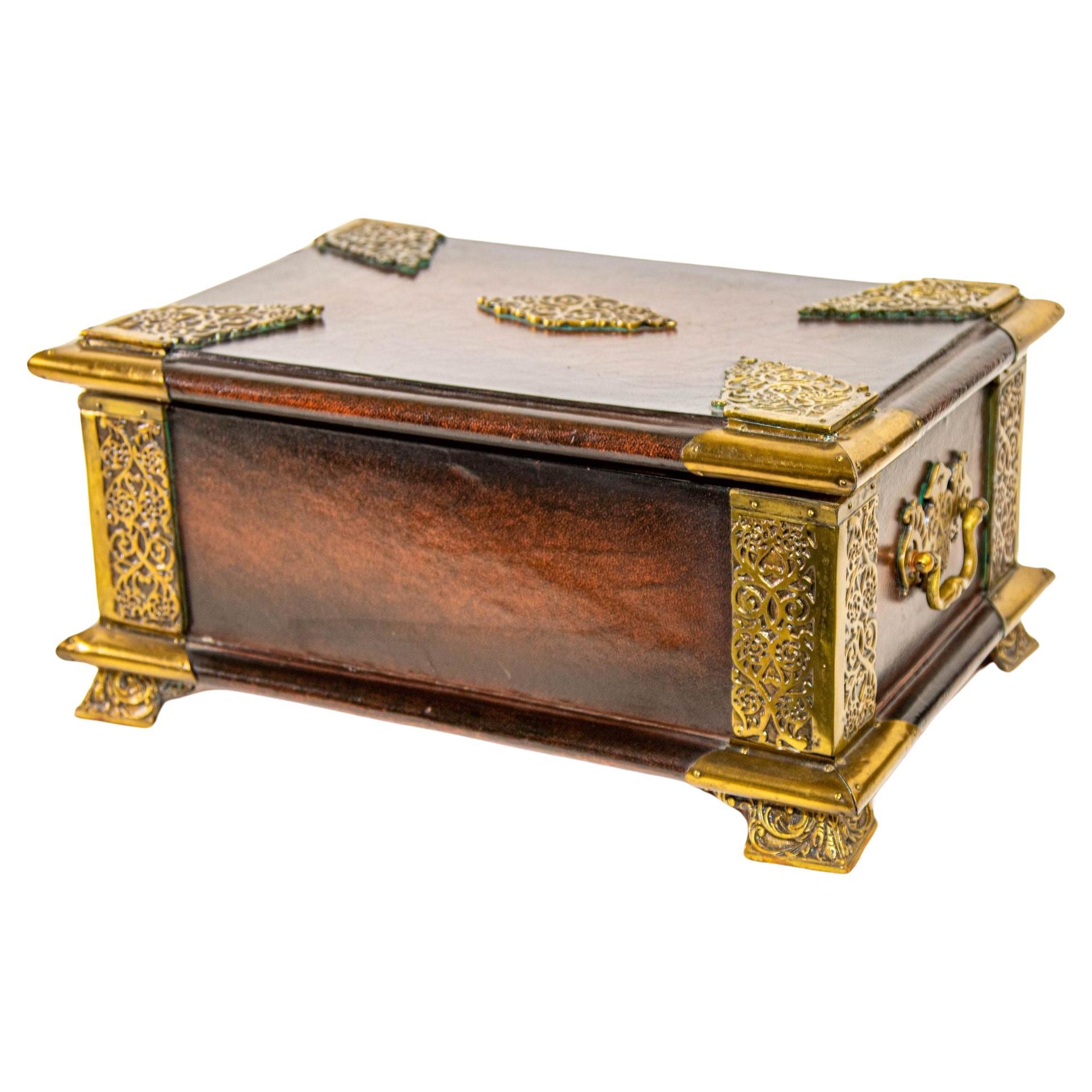 English  Regency Brown Wrapped Leather Brass Footed Table Box with Handles