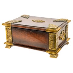Used English  Regency Brown Wrapped Leather Brass Footed Table Box with Handles