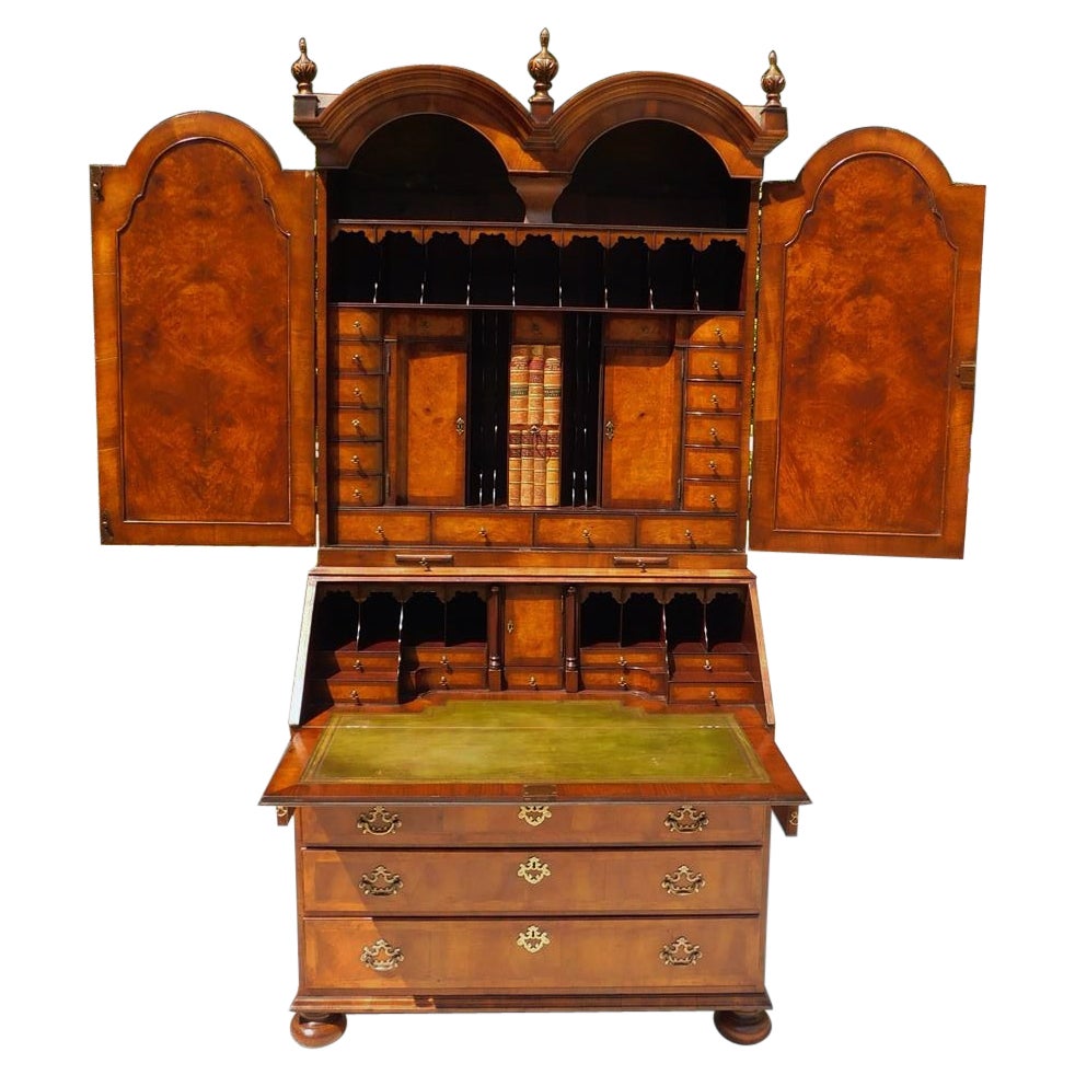 English Regency Burl Walnut Blind Door Secretary Bookcase with Bun Feet, C. 1815