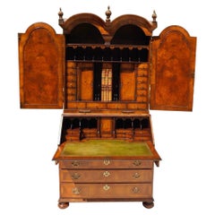 English Regency Burl Walnut Blind Door Secretary Bookcase with Bun Feet, C. 1815