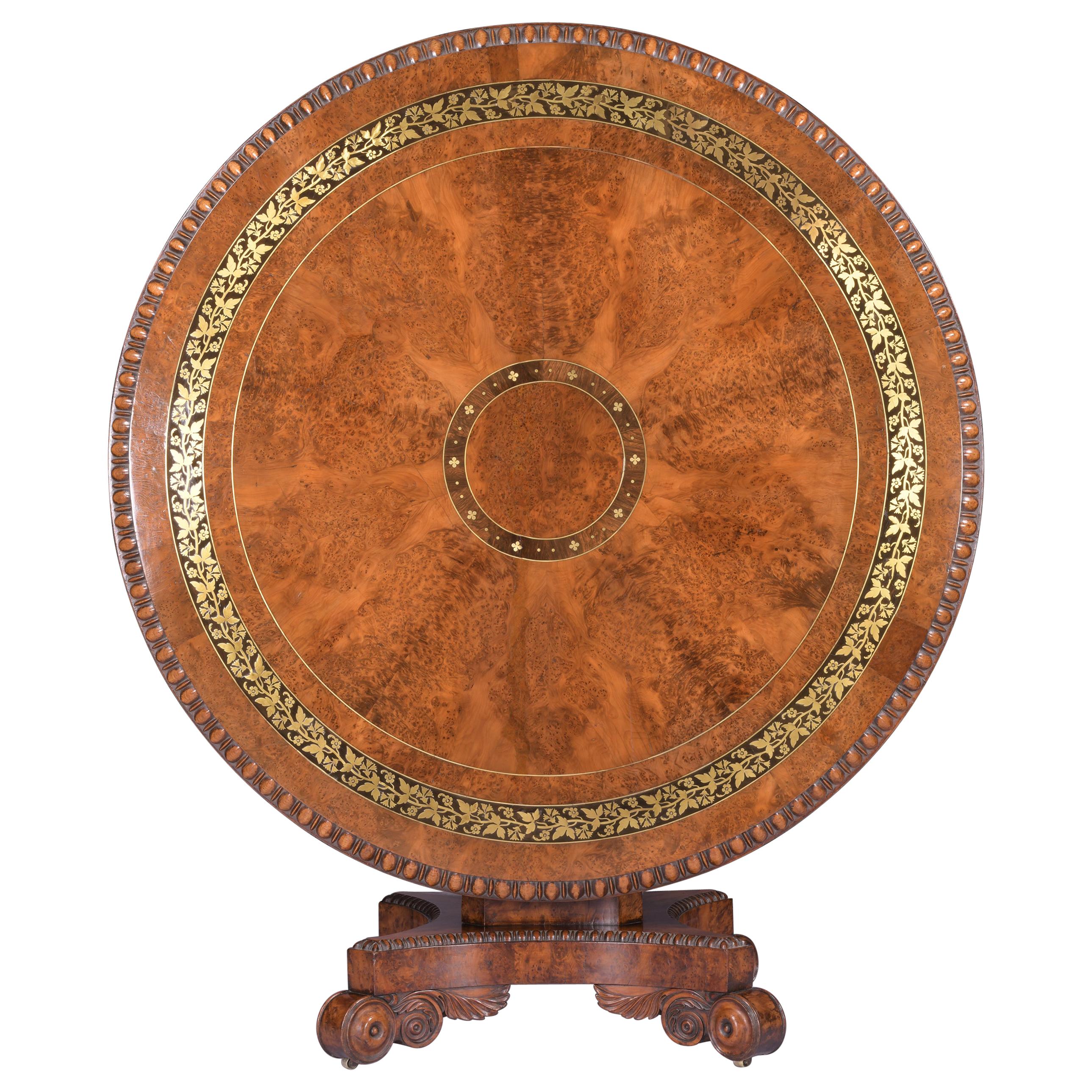 English Regency Burr Yew Wood Centre Table Attributed To George Bullock