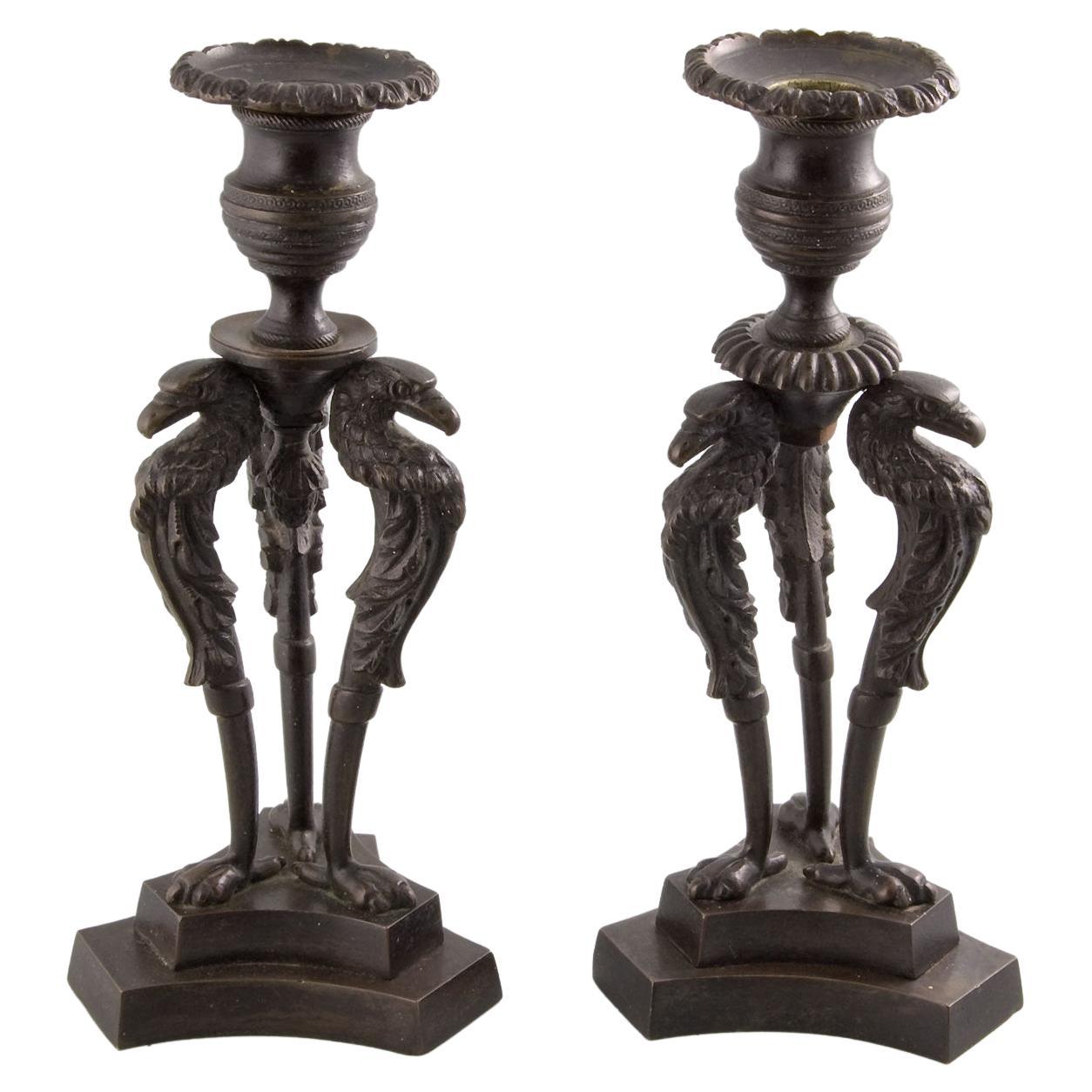English Regency candlesticks in patinated bronze For Sale