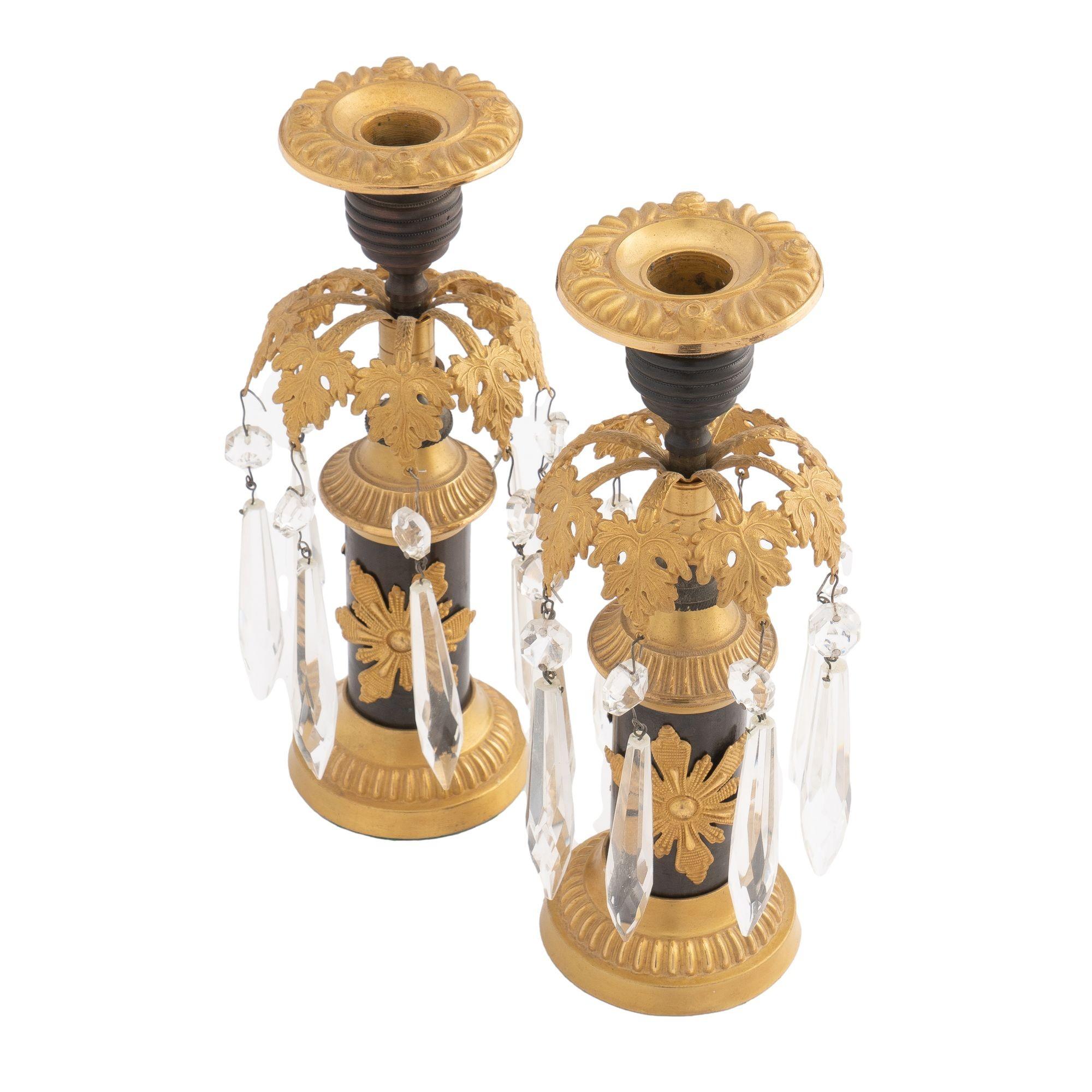 Bronze English Regency Candlesticks with Crystal Lusters, 1800 For Sale