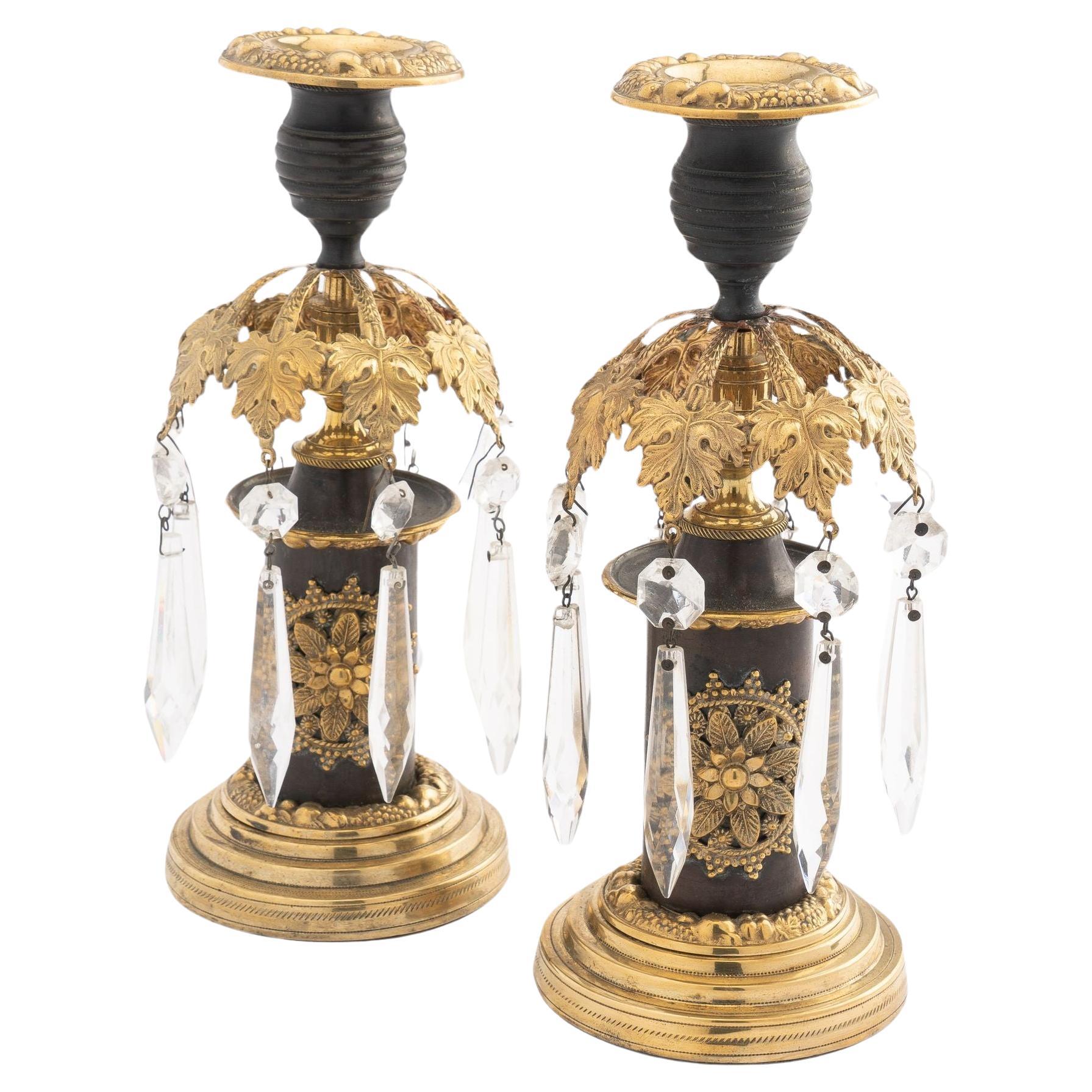 English Regency candlesticks with luster ring & cut glass lusters, c. 1800 For Sale