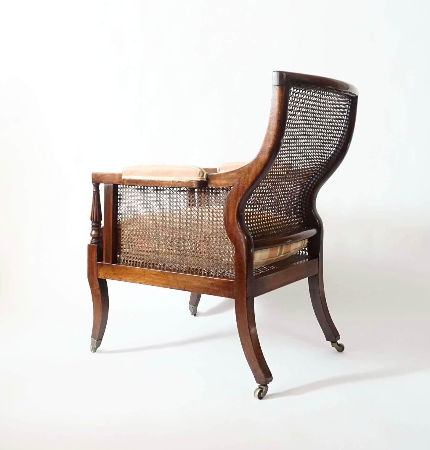 Brass English Regency Caned Mahogany Bergère or Armchair of Large Scale, circa 1810