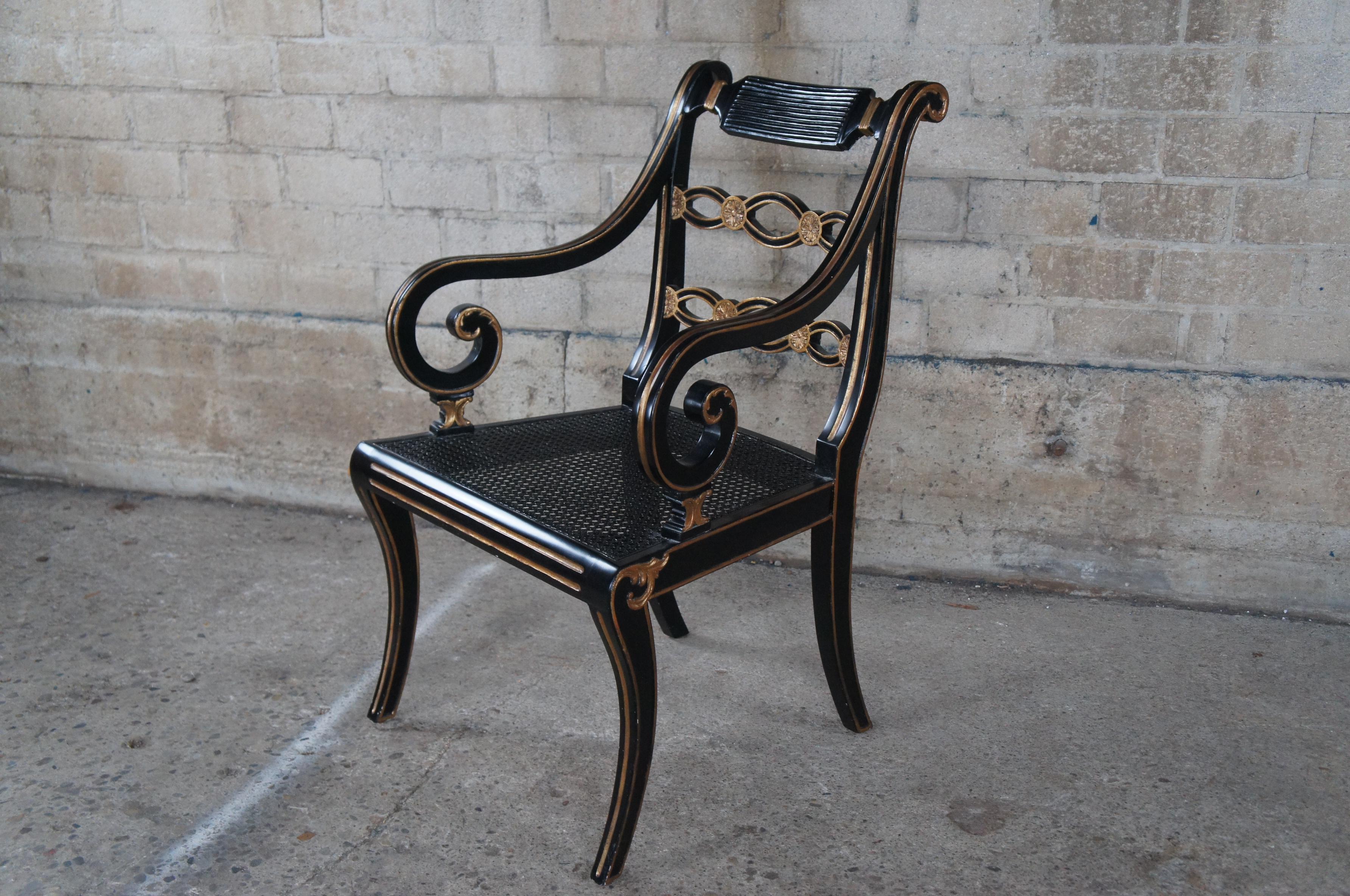 English Regency Caned Riddle Back Ebonized Black & Gold Scrolled Arm Chair  For Sale 3