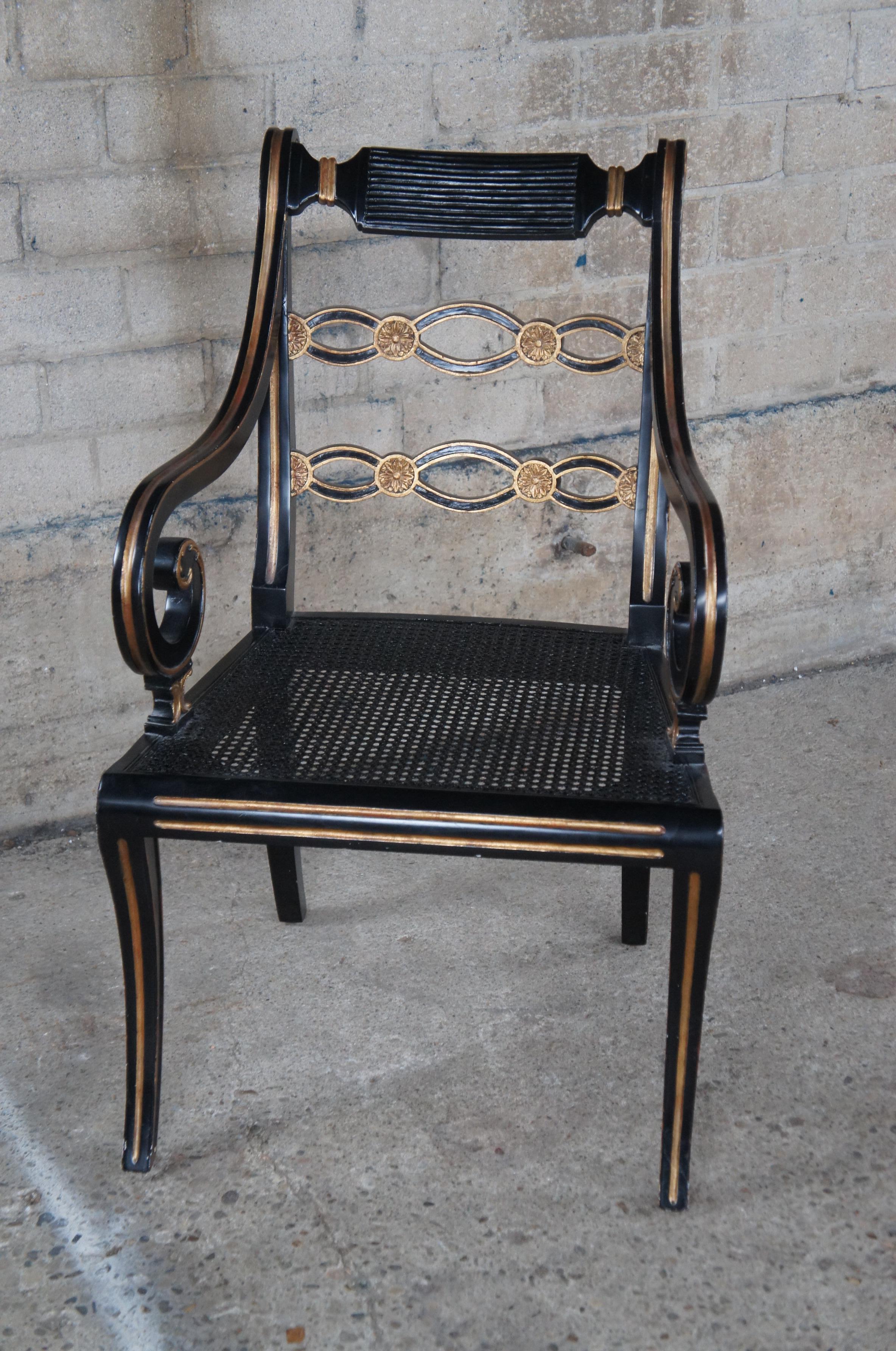 English Regency Caned Riddle Back Ebonized Black & Gold Scrolled Arm Chair  For Sale 4