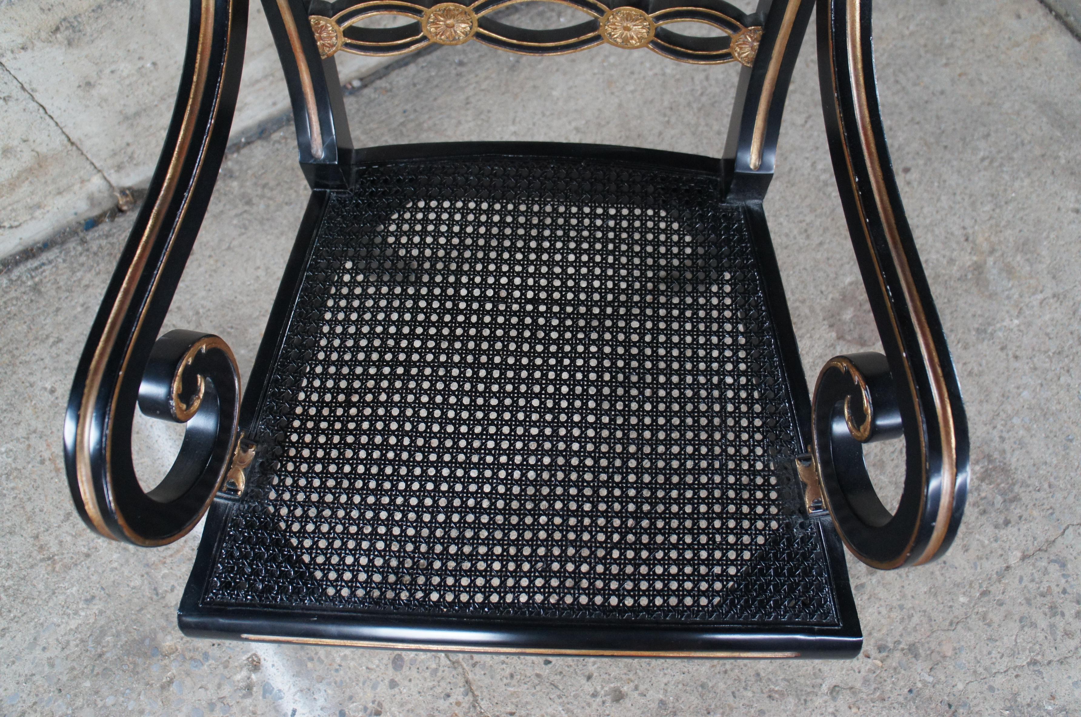 English Regency Caned Riddle Back Ebonized Black & Gold Scrolled Arm Chair  For Sale 5
