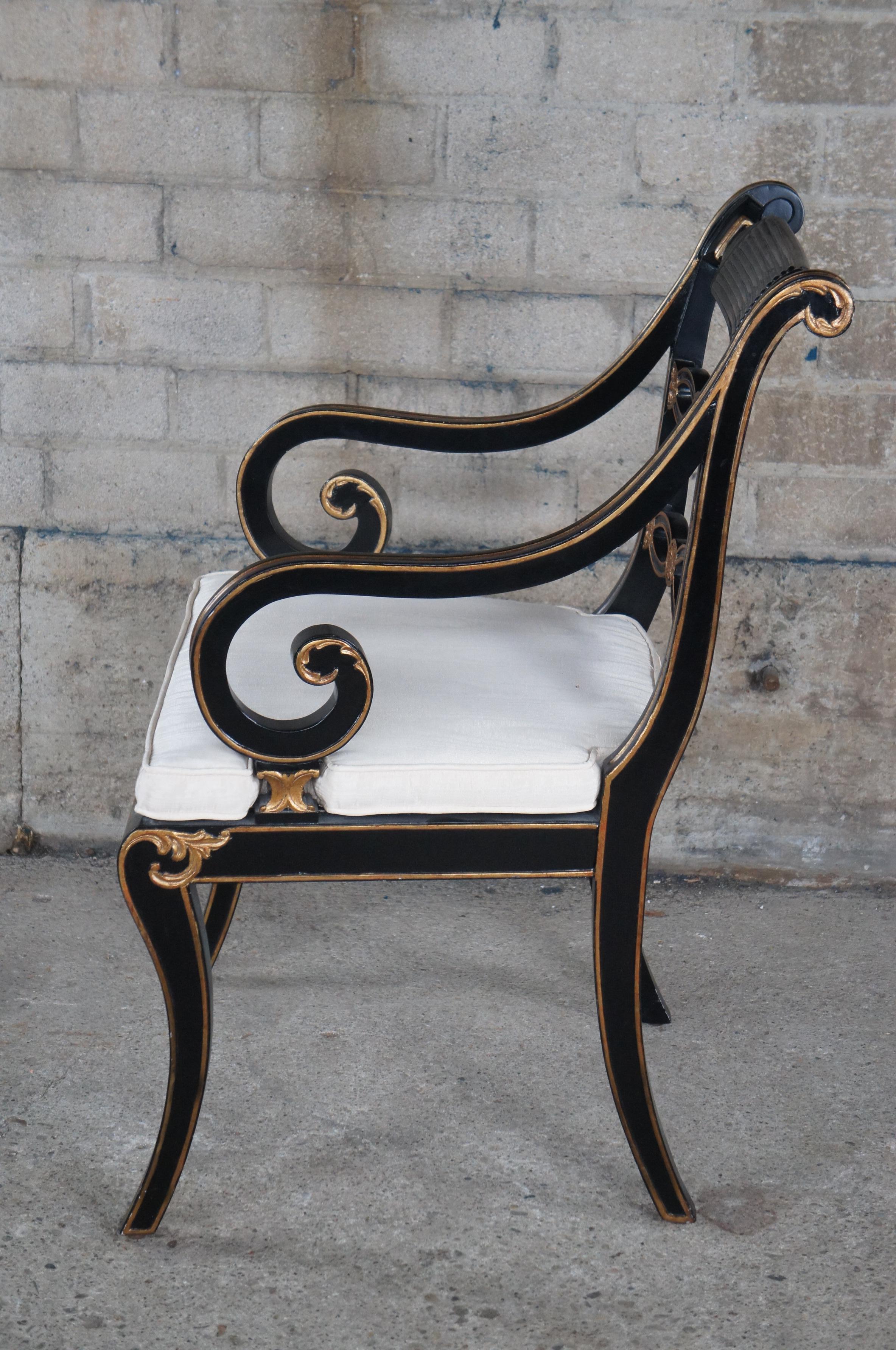English Regency Caned Riddle Back Ebonized Black & Gold Scrolled Arm Chair  In Good Condition For Sale In Dayton, OH
