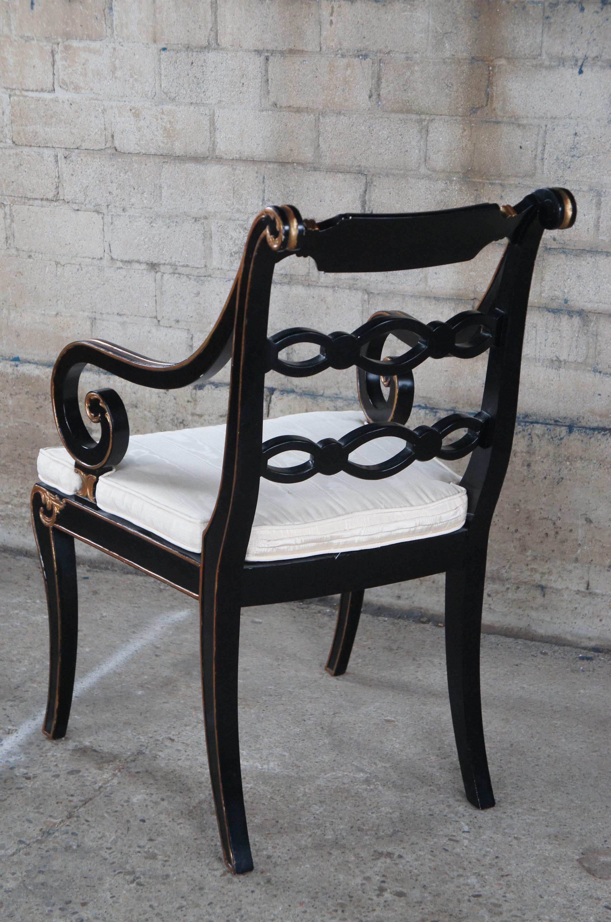 20th Century English Regency Caned Riddle Back Ebonized Black & Gold Scrolled Arm Chair  For Sale