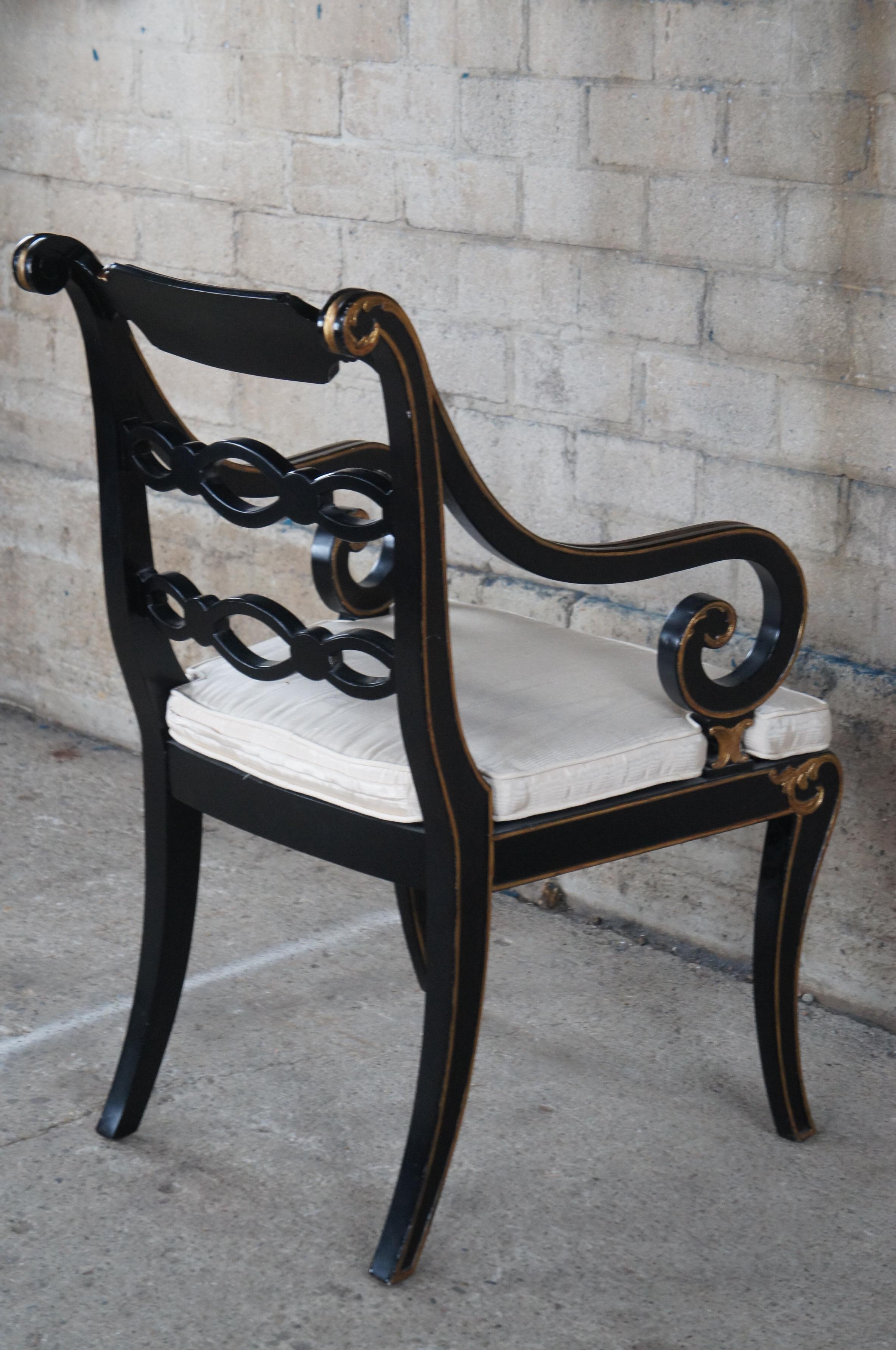 Hardwood English Regency Caned Riddle Back Ebonized Black & Gold Scrolled Arm Chair  For Sale