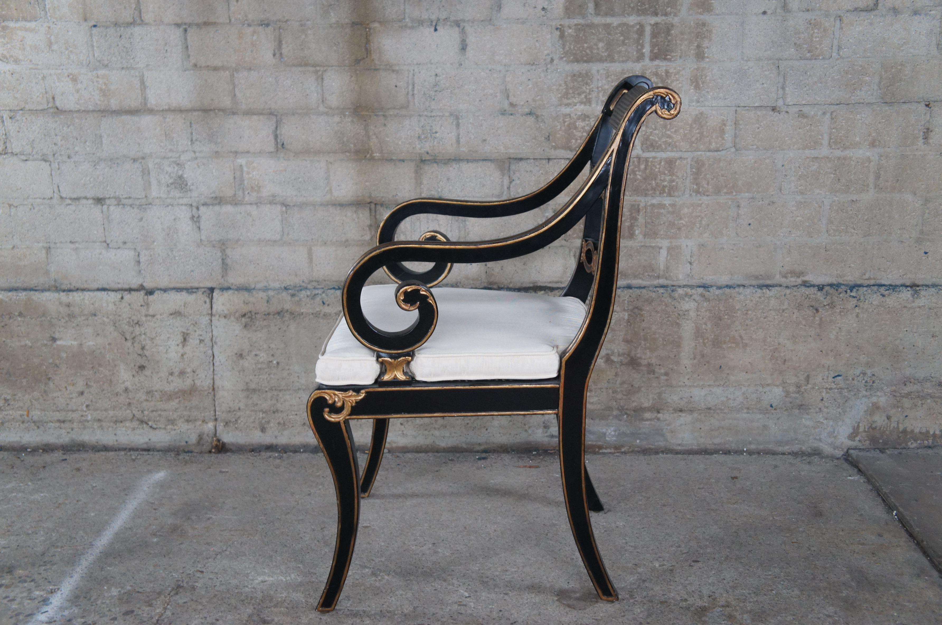 English Regency Caned Riddle Back Ebonized Black & Gold Scrolled Arm Chair  For Sale 1