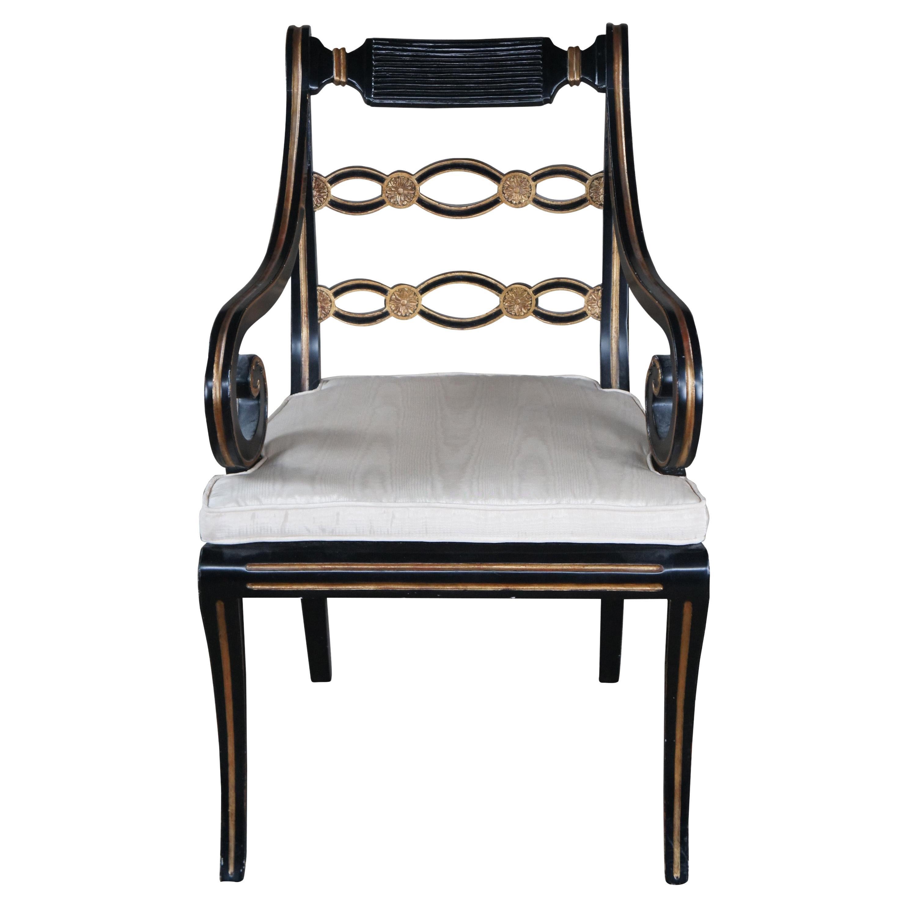 English Regency Caned Riddle Back Ebonized Black & Gold Scrolled Arm Chair  For Sale