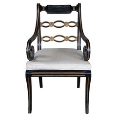 English Regency Caned Riddle Back Ebonized Black & Gold Scrolled Arm Chair